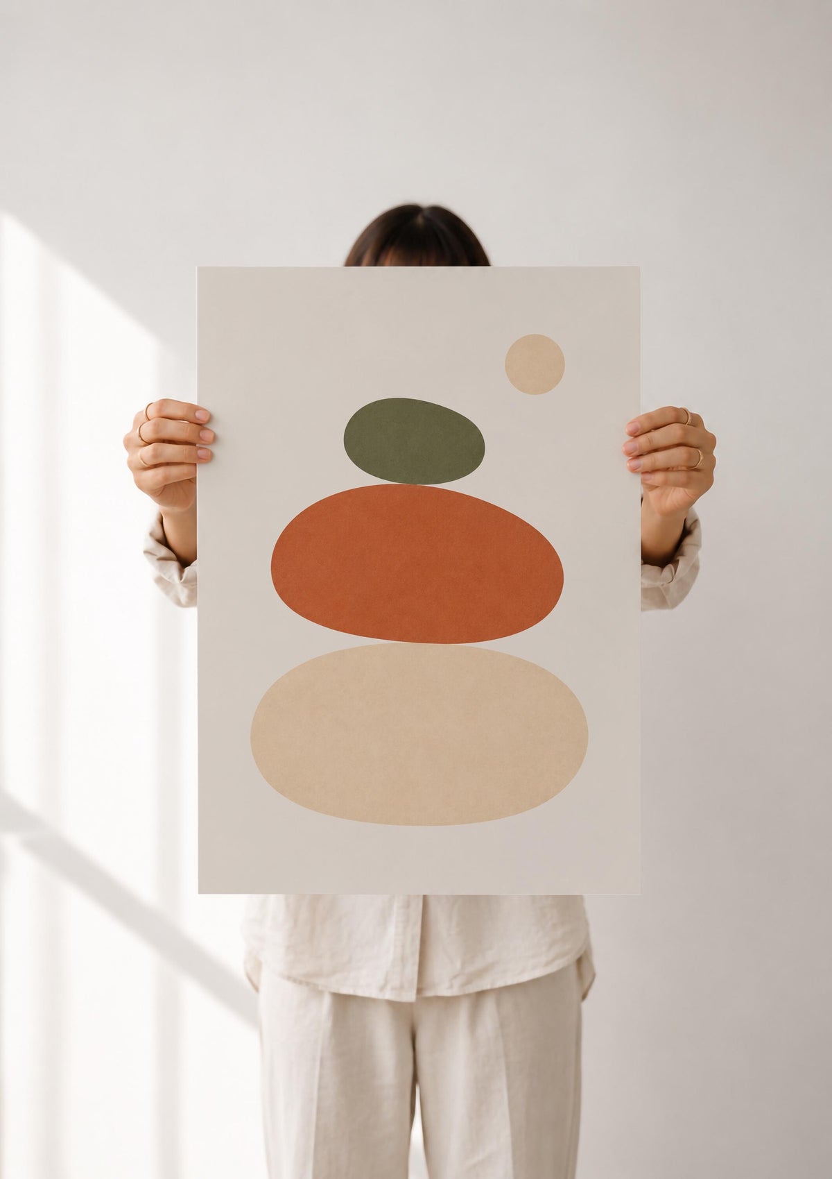 Balance Abstract Stacked Stones Print | Terracotta Olive Minimalist Wall Art | Framed or Unframed