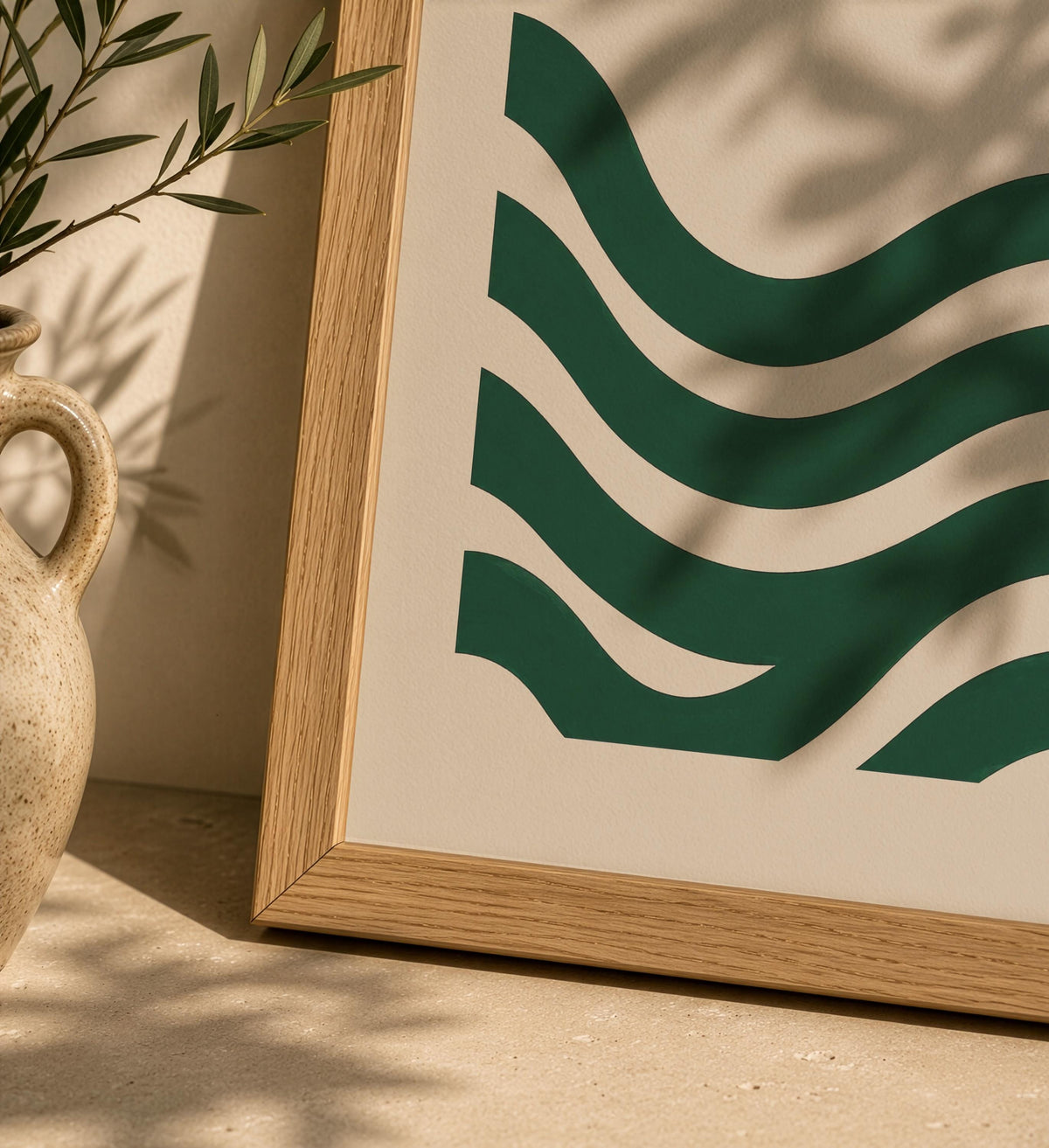 Abstract Landscape Seascape Print | Green Waves, Sun Illustration, Coastal Wall Art | Framed or Unframed