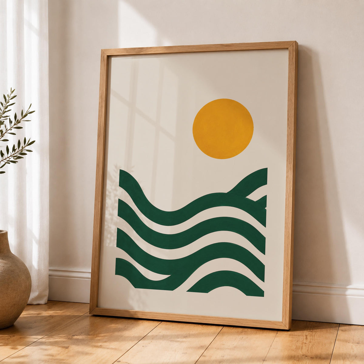 Abstract Landscape Seascape Print | Green Waves, Sun Illustration, Coastal Wall Art | Framed or Unframed