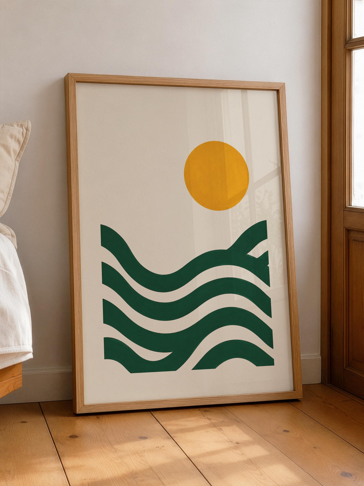 Abstract Landscape Seascape Print | Green Waves, Sun Illustration, Coastal Wall Art | Framed or Unframed