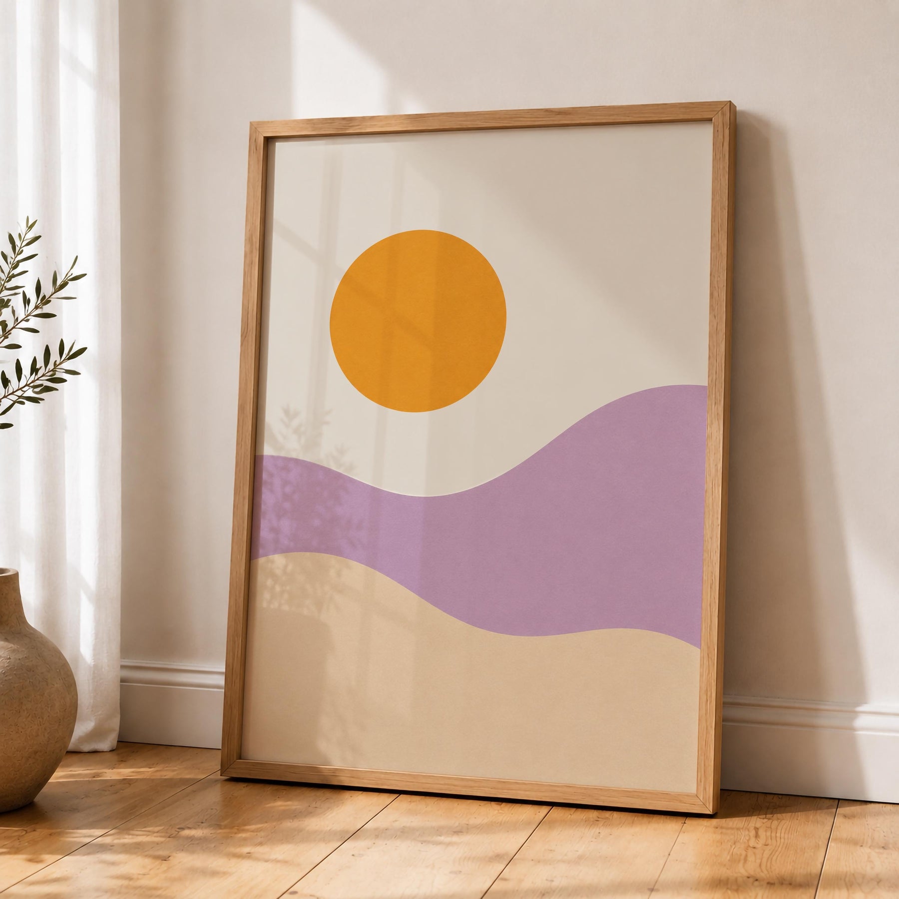 Desert Dunes Abstract Print | Minimalist Lilac Hills, Golden Sun Wall Art | Framed or Unframed