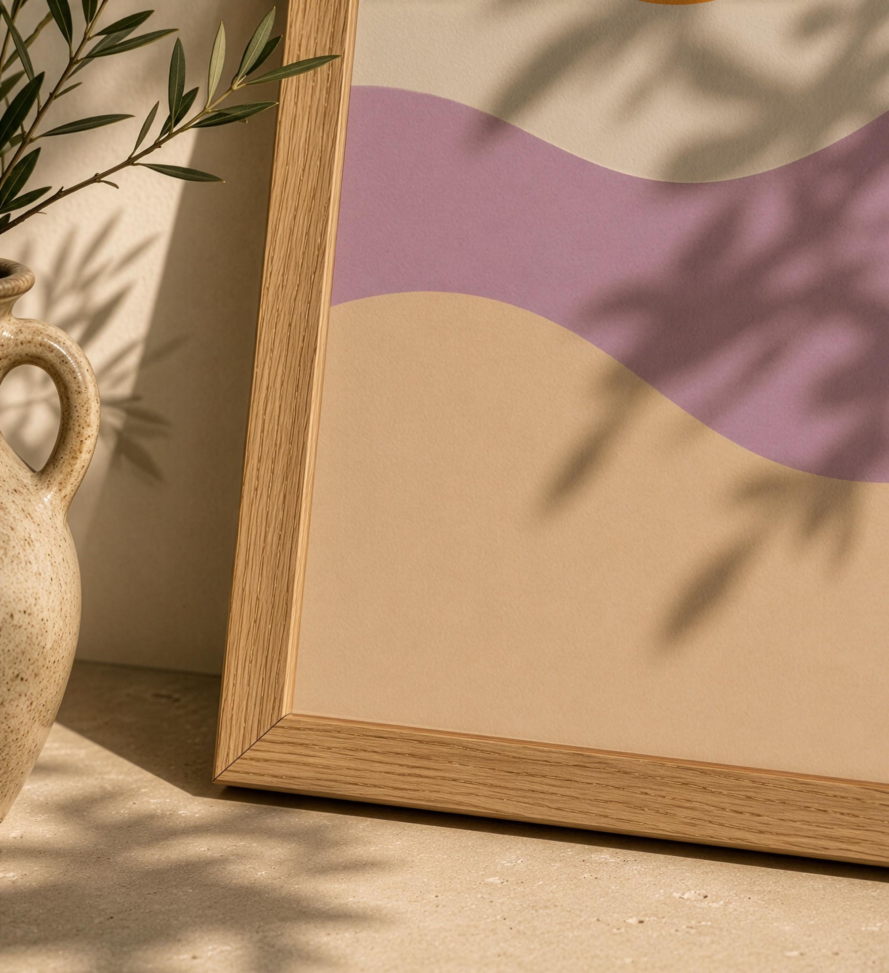 Desert Dunes Abstract Print | Minimalist Lilac Hills, Golden Sun Wall Art | Framed or Unframed