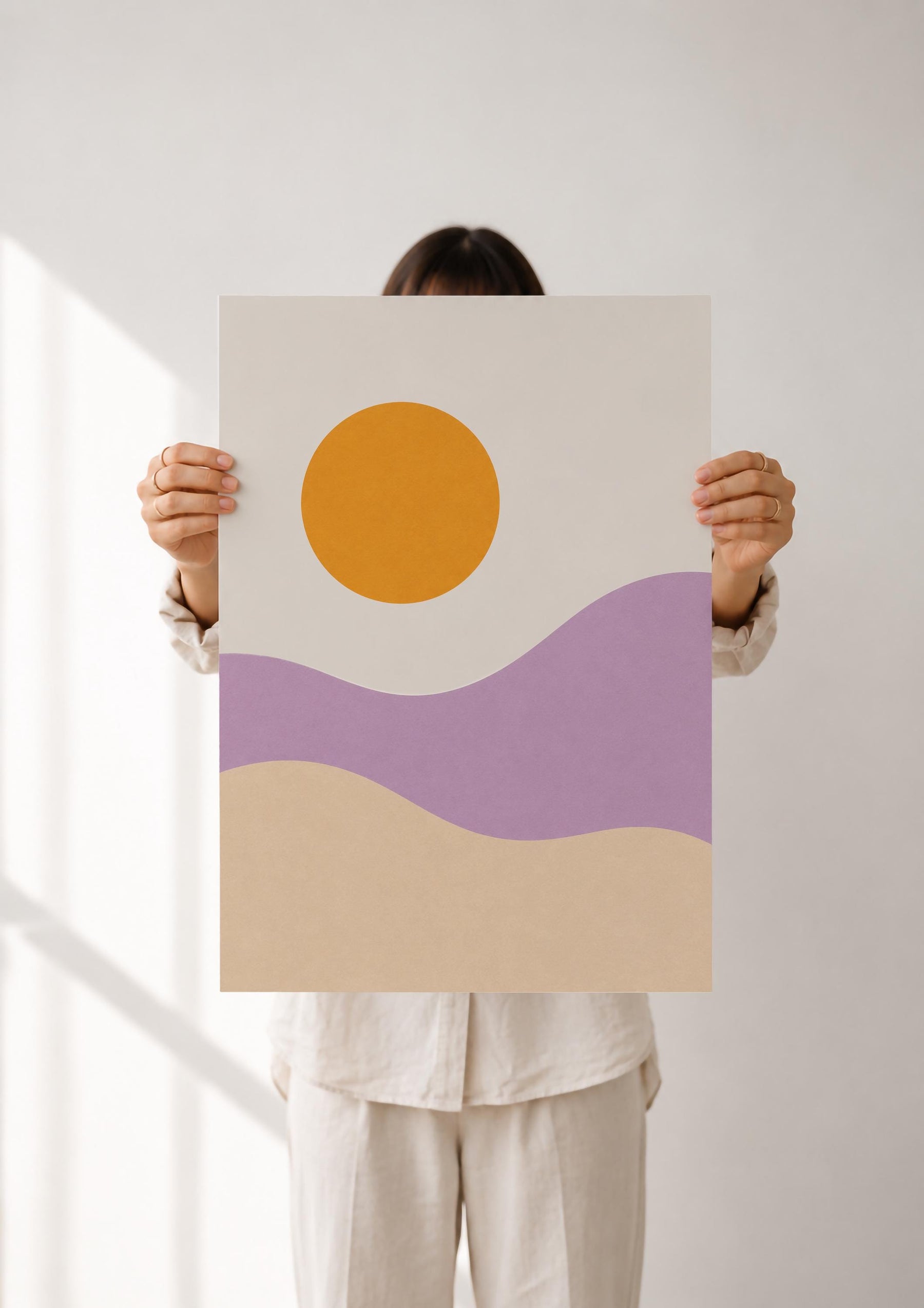 Desert Dunes Abstract Print | Minimalist Lilac Hills, Golden Sun Wall Art | Framed or Unframed