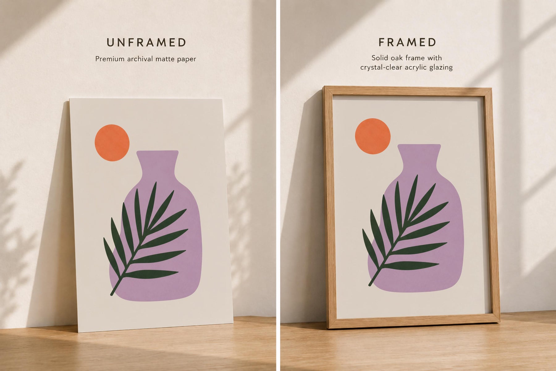 Sunset Palm Leaf Print | Purple Vase Botanical Art, Mediterranean Modern Decor | Framed or Unframed