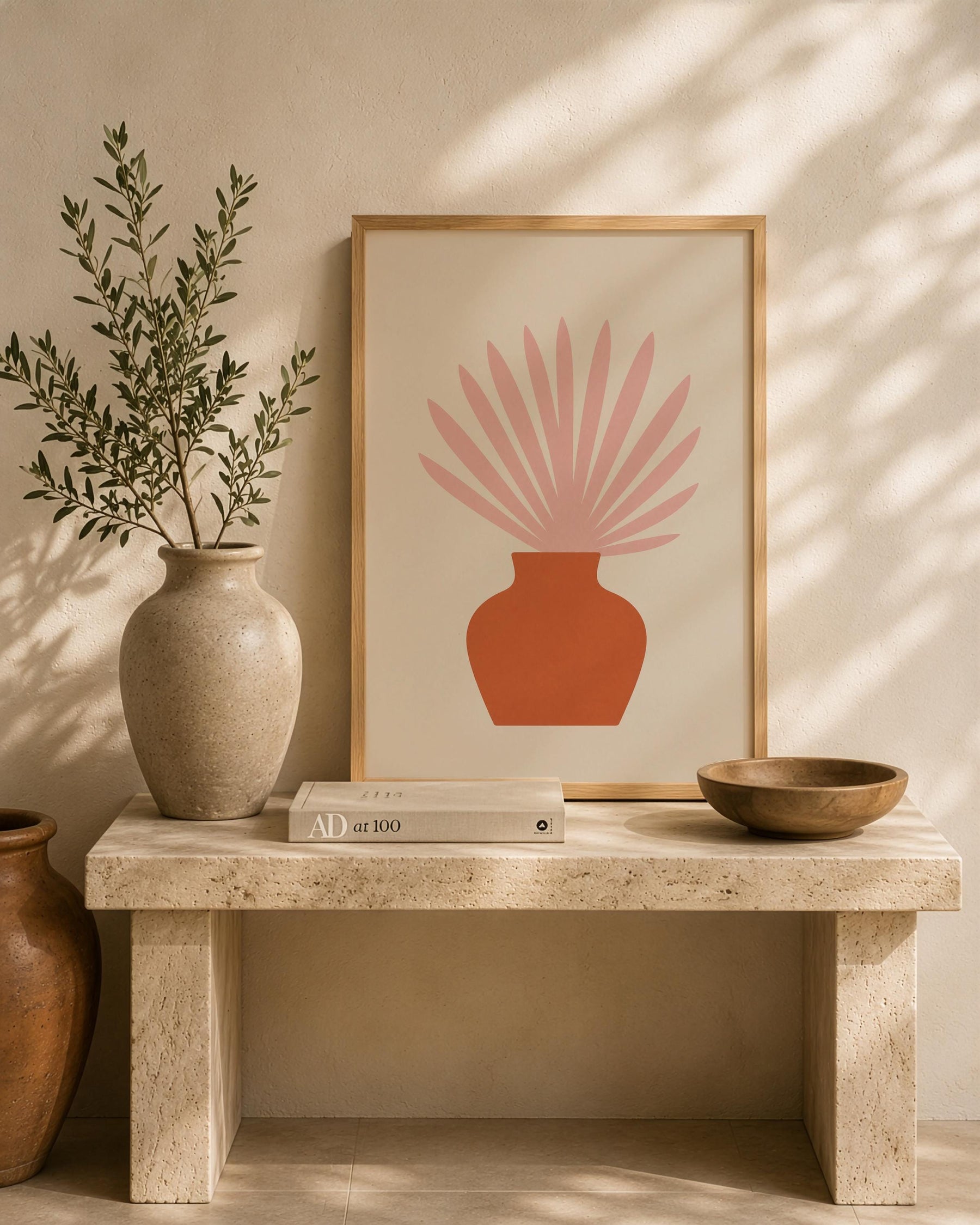 Botanical Vase Print | Ventaglio Pink Fan Palm, Mediterranean Wall Art | Framed or Unframed