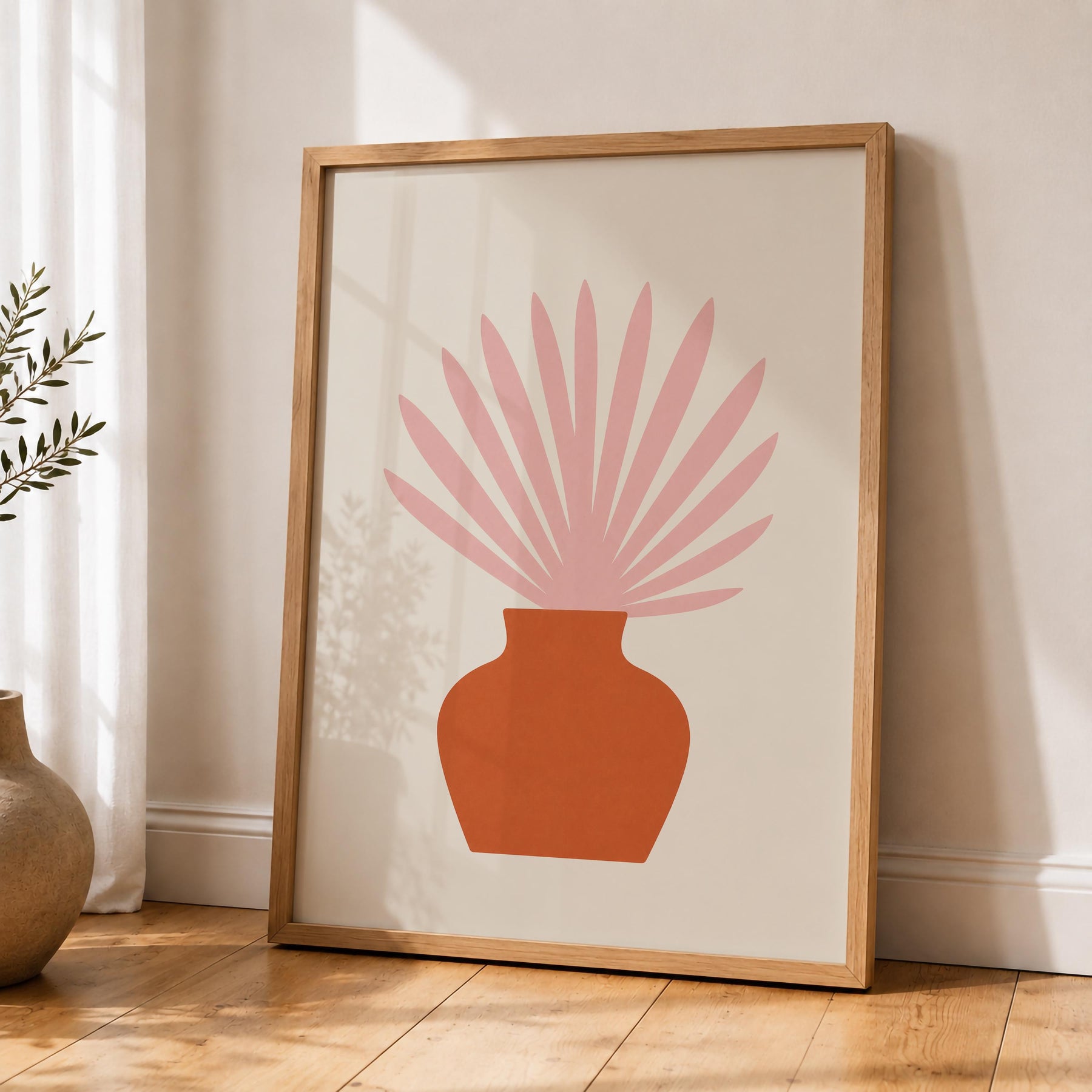 Botanical Vase Print | Ventaglio Pink Fan Palm, Mediterranean Wall Art | Framed or Unframed