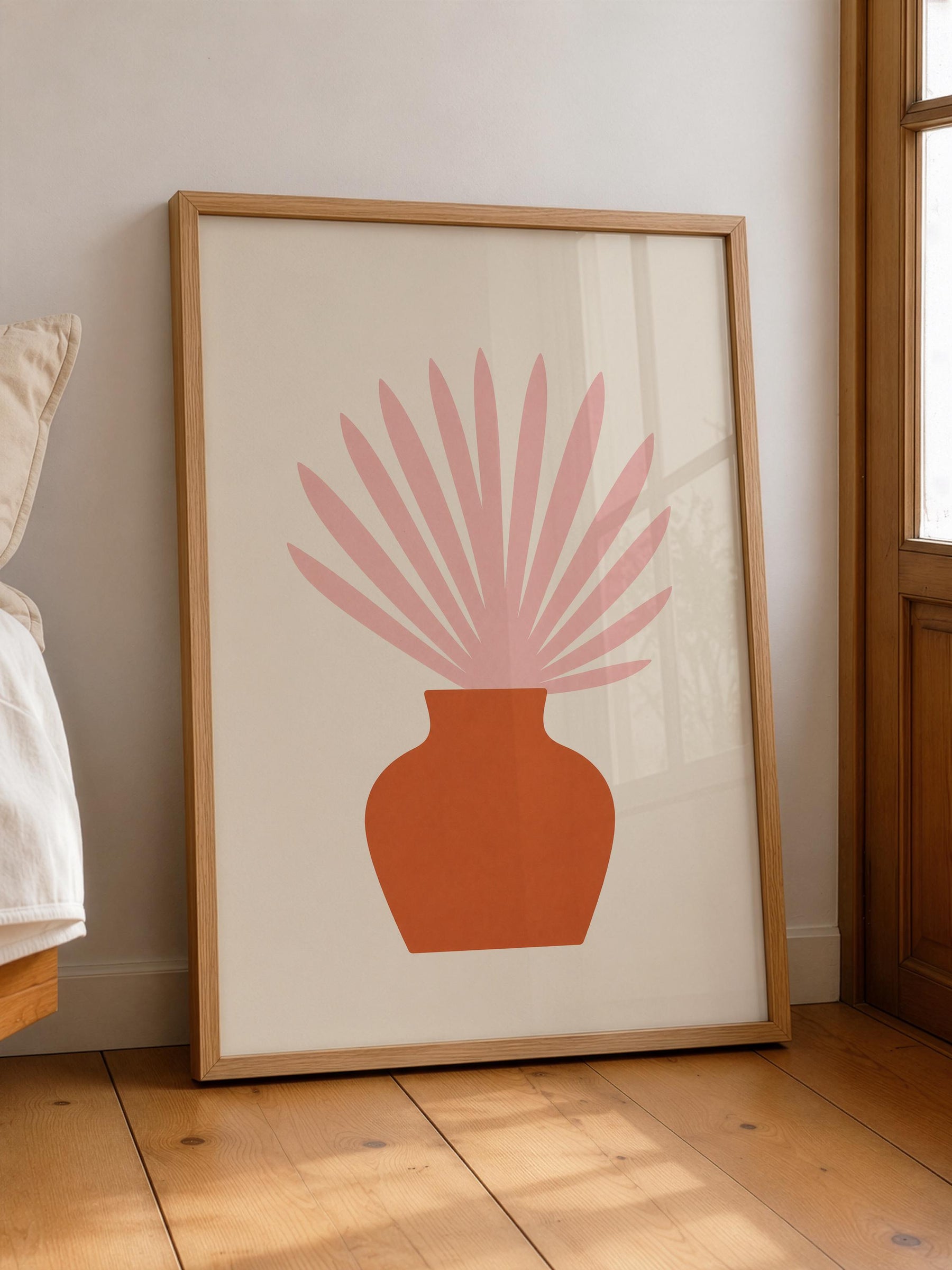 Botanical Vase Print | Ventaglio Pink Fan Palm, Mediterranean Wall Art | Framed or Unframed