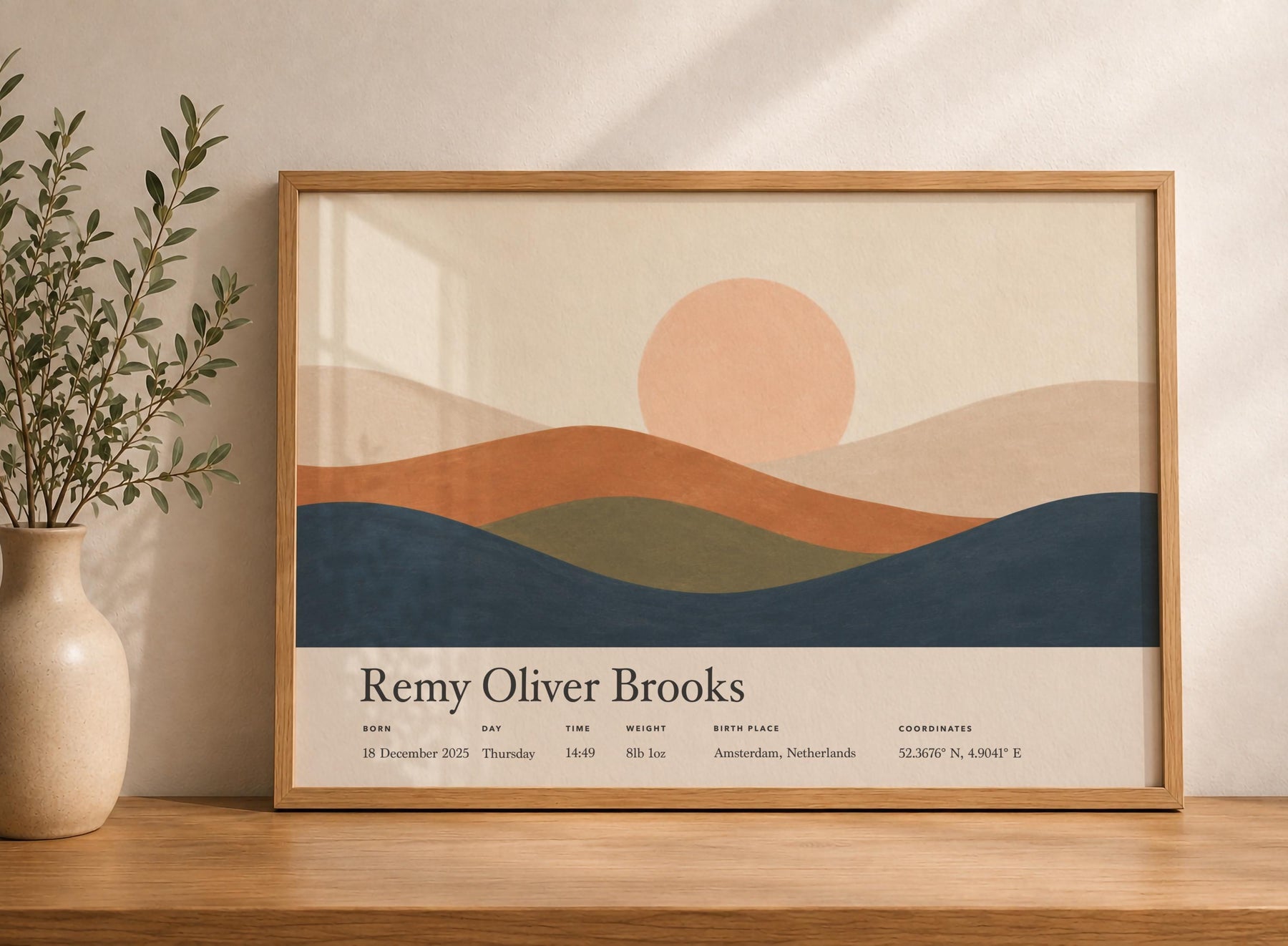 Personalised Birth Story Landscape Print | Rolling Hills Sunrise Nursery Art | Framed or Unframed