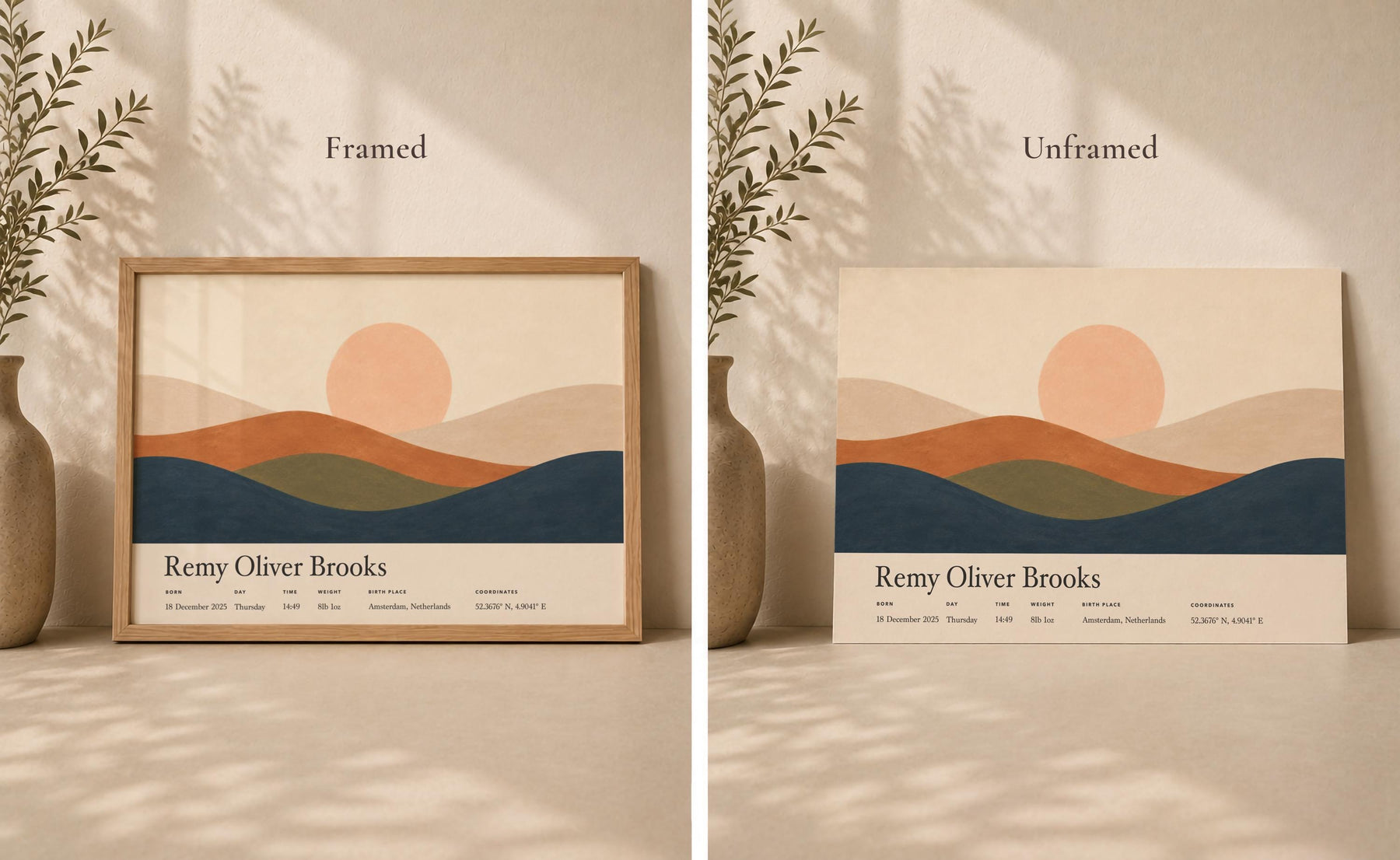 Personalised Birth Story Landscape Print | Rolling Hills Sunrise Nursery Art | Framed or Unframed