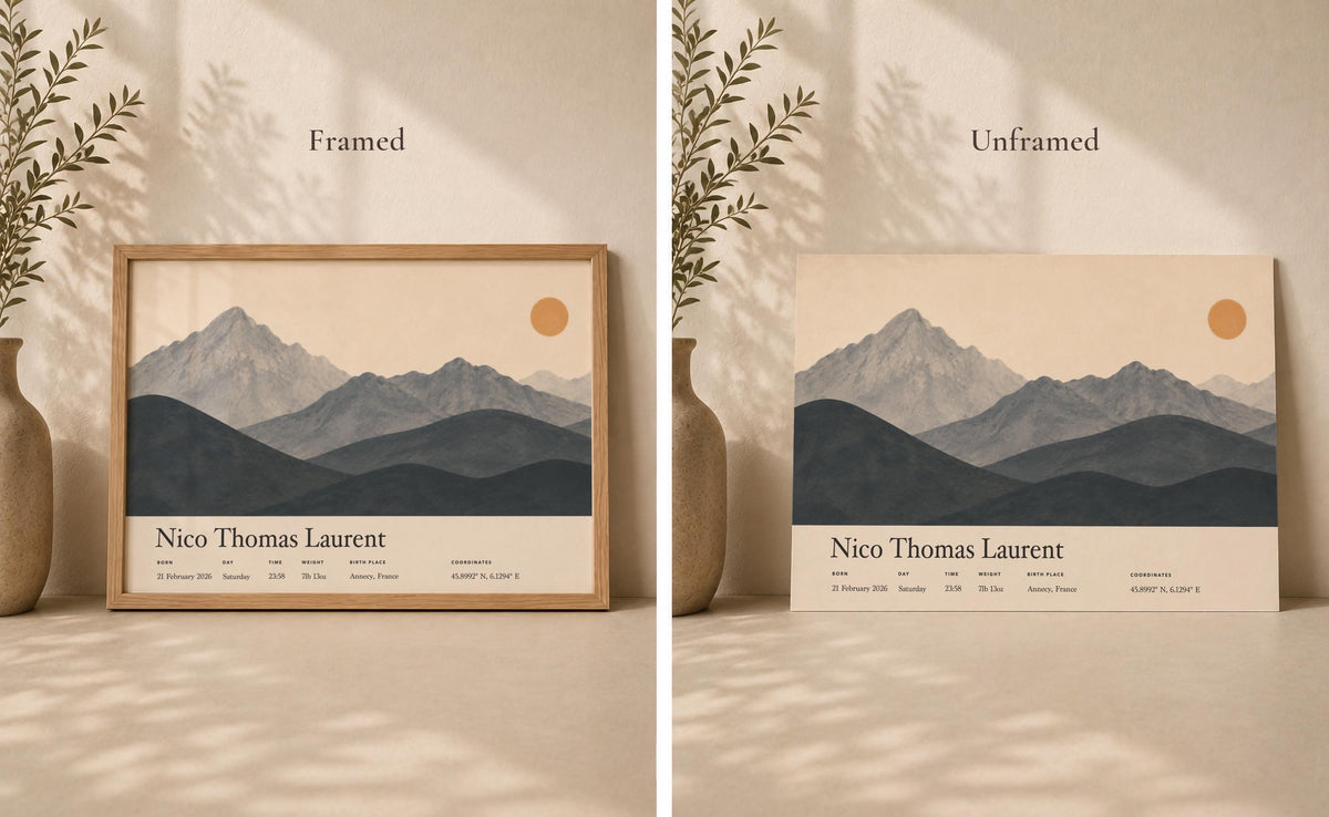 Personalised Birth Story Landscape Print | Mountain Nursery Wall Art | Framed or Unframed