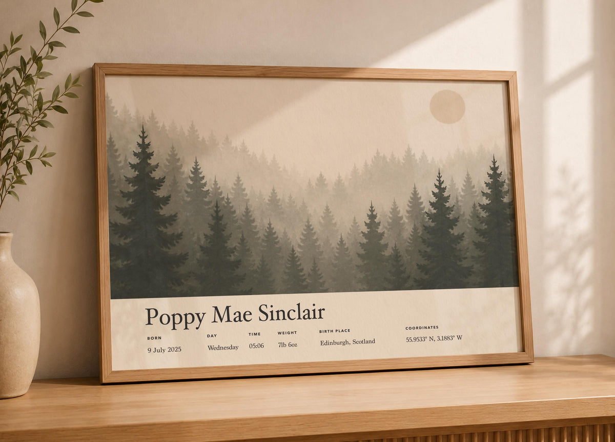 Personalised Birth Story Print | Misty Forest Nursery Wall Art | Framed or Unframed