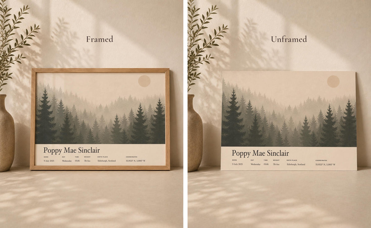 Personalised Birth Story Print | Misty Forest Nursery Wall Art | Framed or Unframed