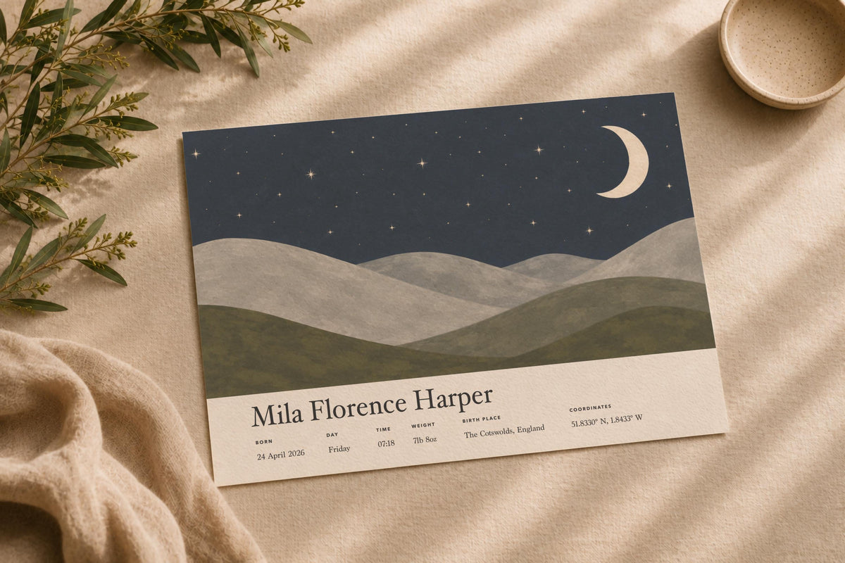 Personalised Birth Story Print | Moon Stars Nursery Wall Art | Framed or Unframed