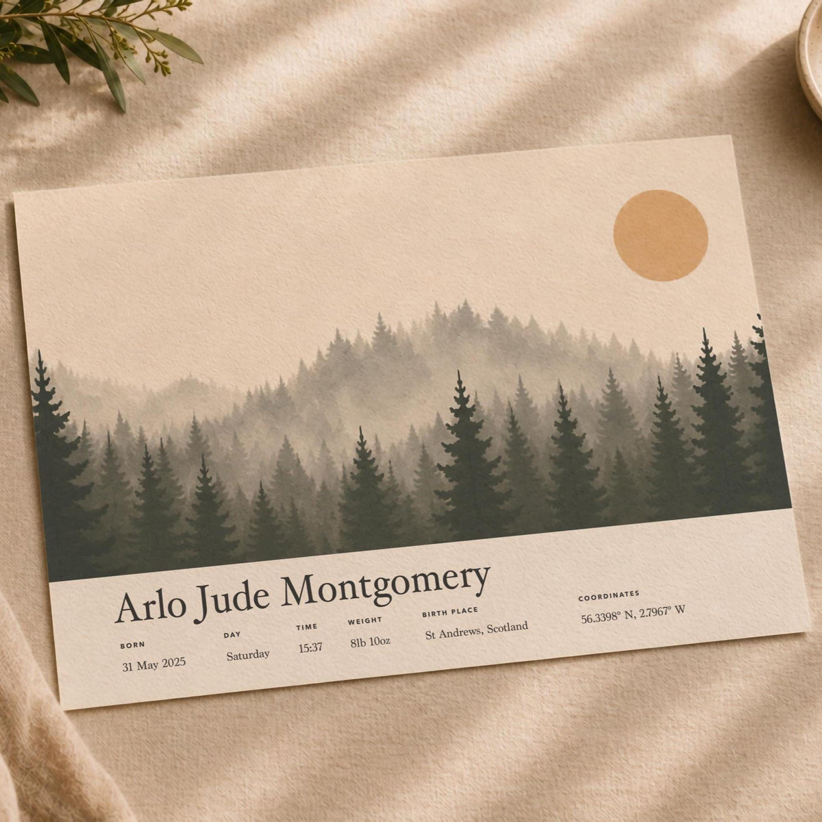 Personalised Birth Story Landscape Print | Forest Hills Nursery Wall Art | Framed or Unframed
