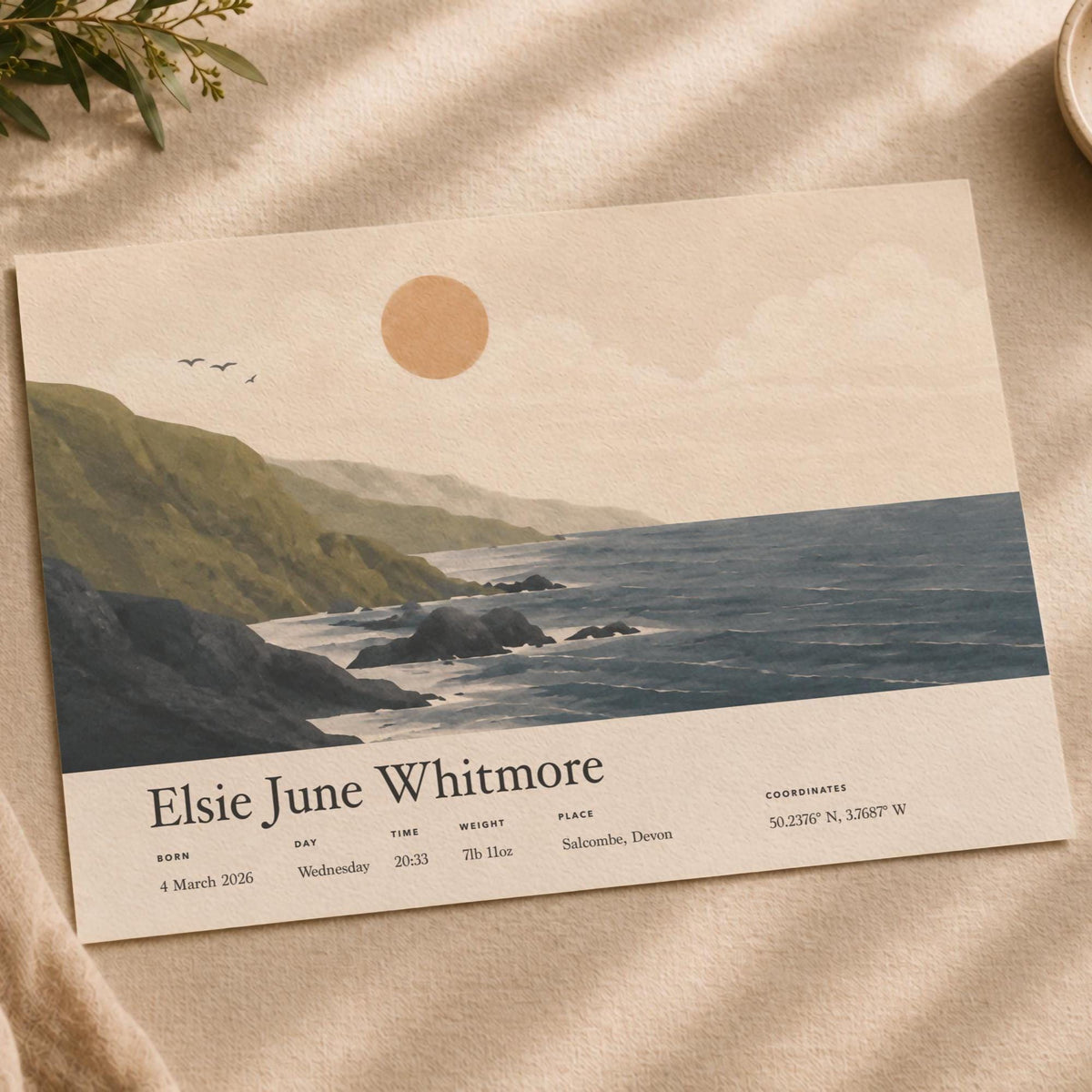 Personalised Birth Story Landscape Print | Coastal Nursery Wall Art | Framed or Unframed
