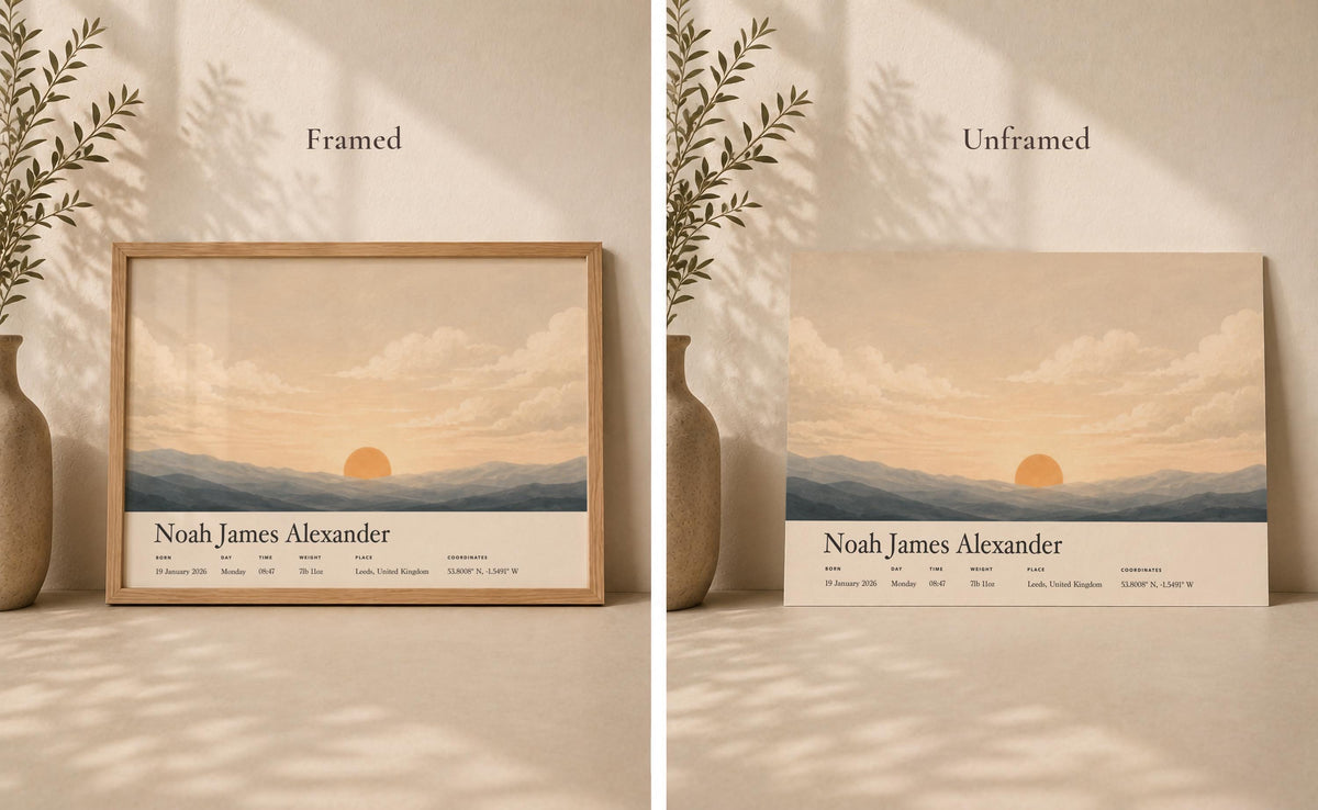 Personalised Birth Story Print | Sunrise Sunset Seascape Nursery Wall Art | Framed or Unframed