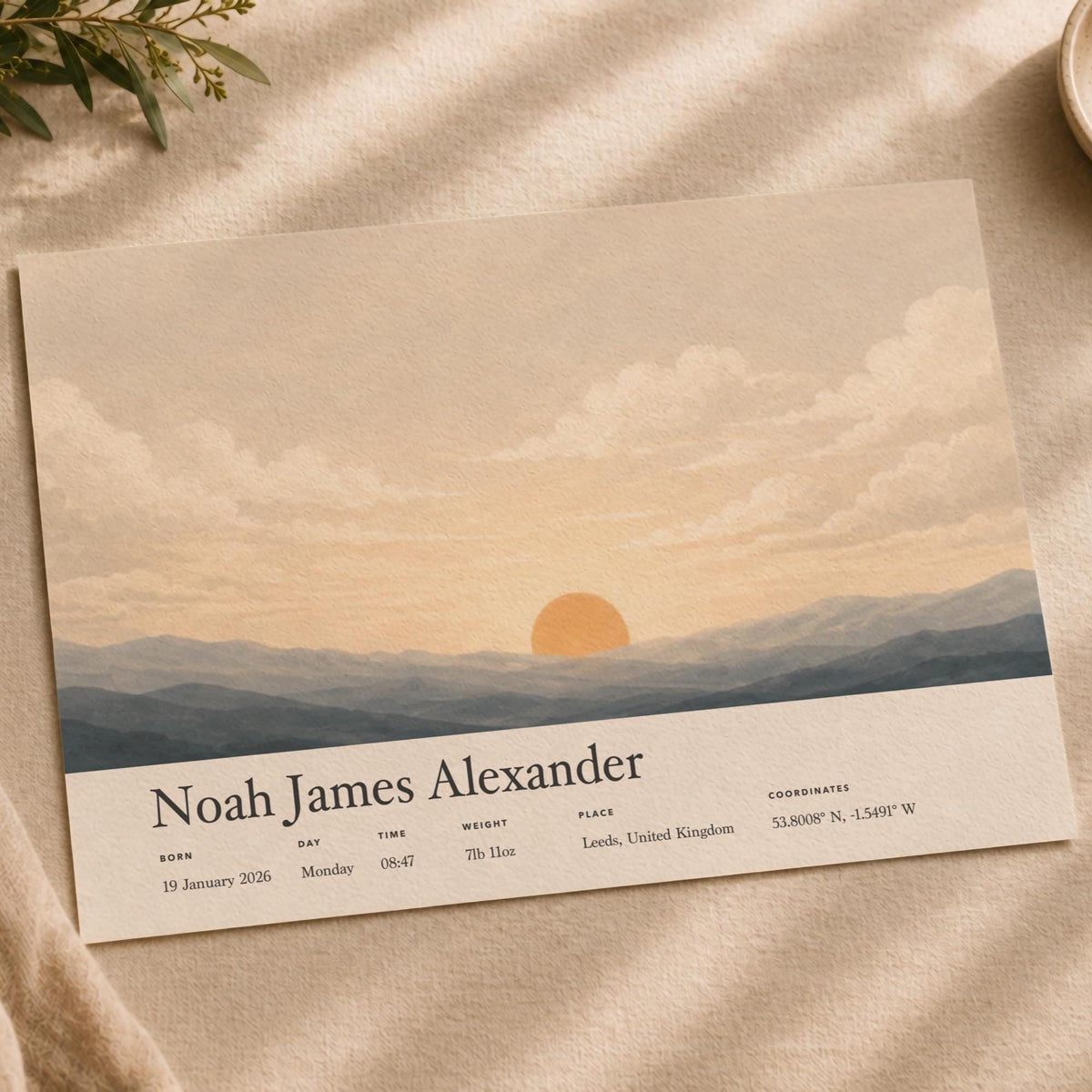 Personalised Birth Story Print | Sunrise Sunset Seascape Nursery Wall Art | Framed or Unframed