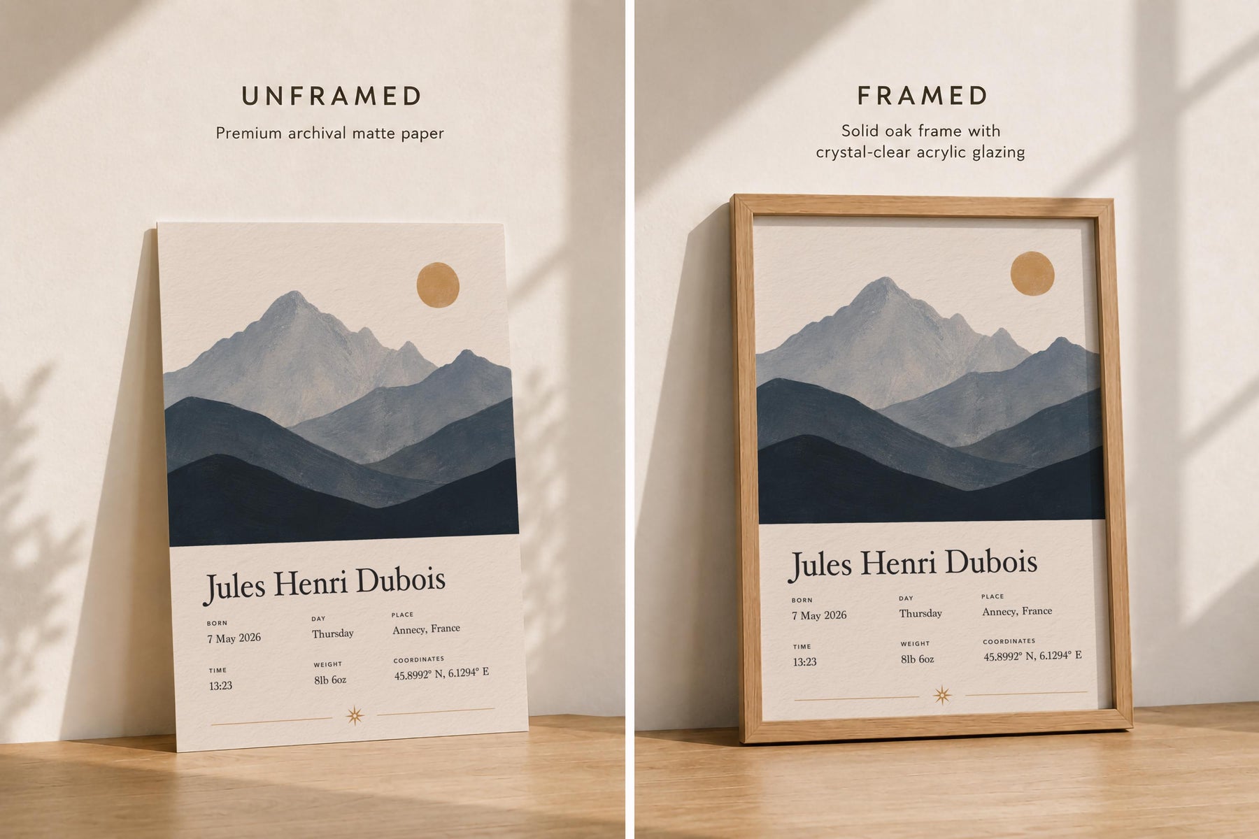 Personalised Birth Story Print | Mountain Landscape Nursery Wall Art | Framed or Unframed