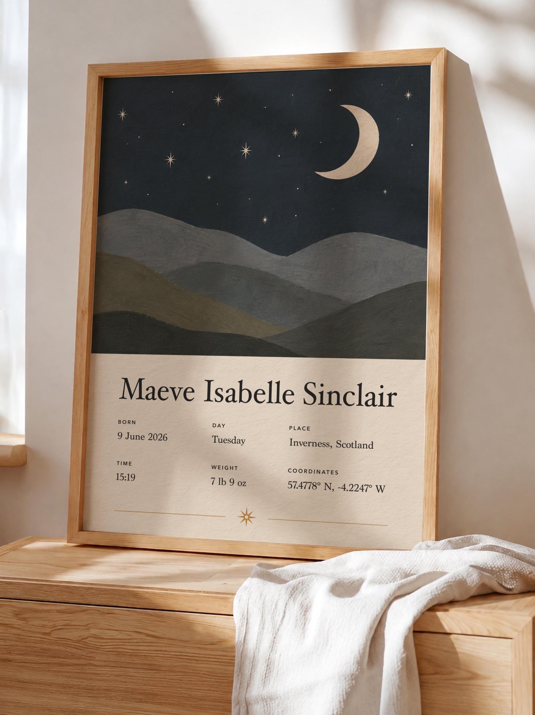 Personalised Moon Stars Birth Story Print | Custom Nursery Wall Art | Framed or Unframed