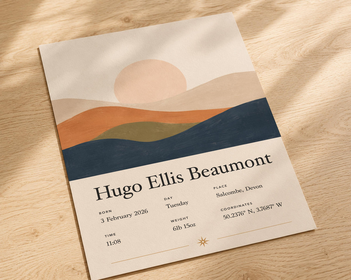 Personalised Birth Story Print | Rolling Hills Landscape Nursery Wall Art | Framed or Unframed