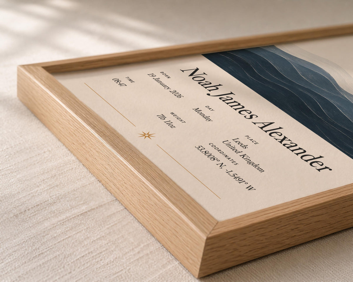 Personalised Birth Story Print | Ocean Waves Seascape Nursery Wall Art | Framed or Unframed