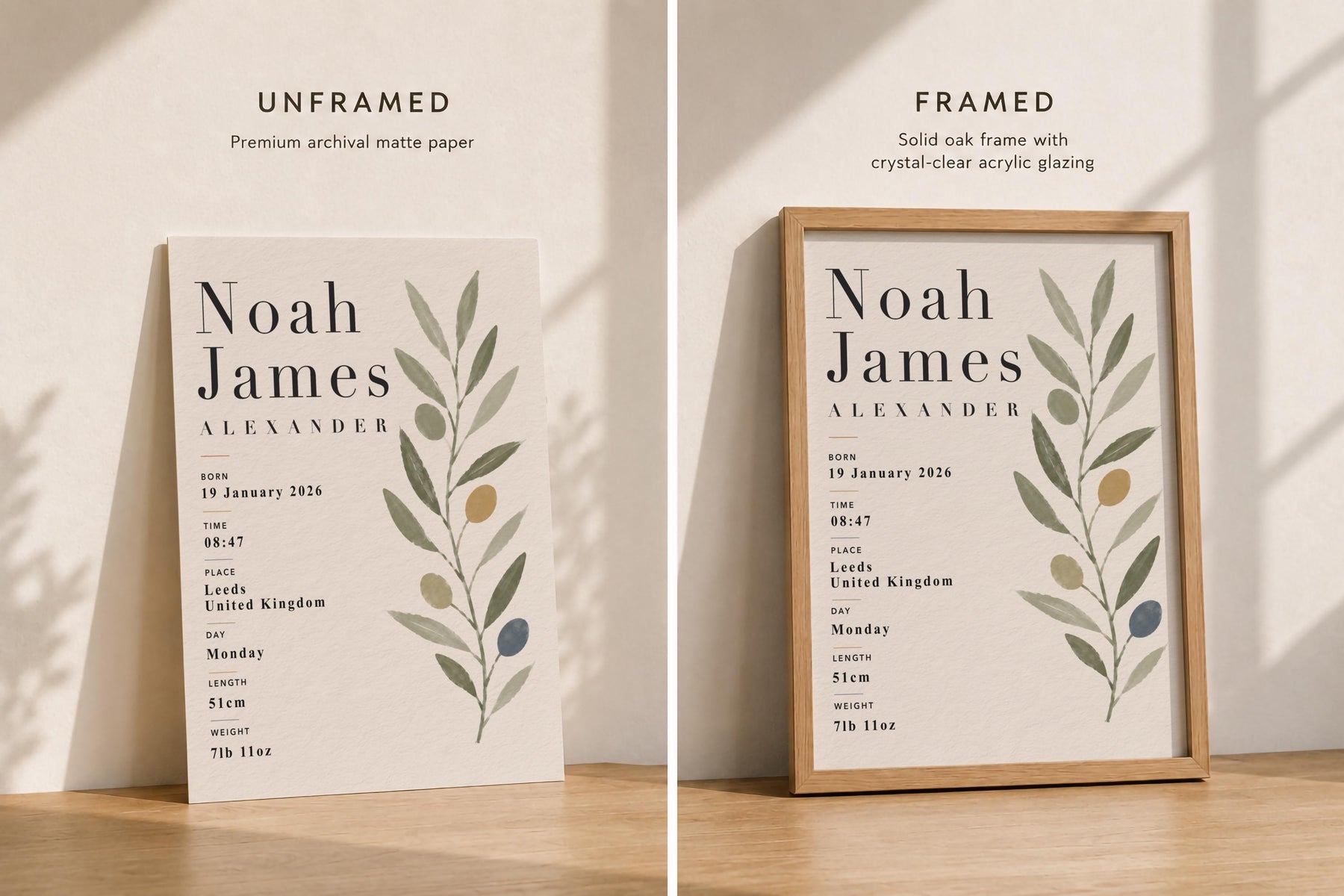 Personalised Botanical Birth Record Print | Custom Nursery Wall Art | Framed or Unframed