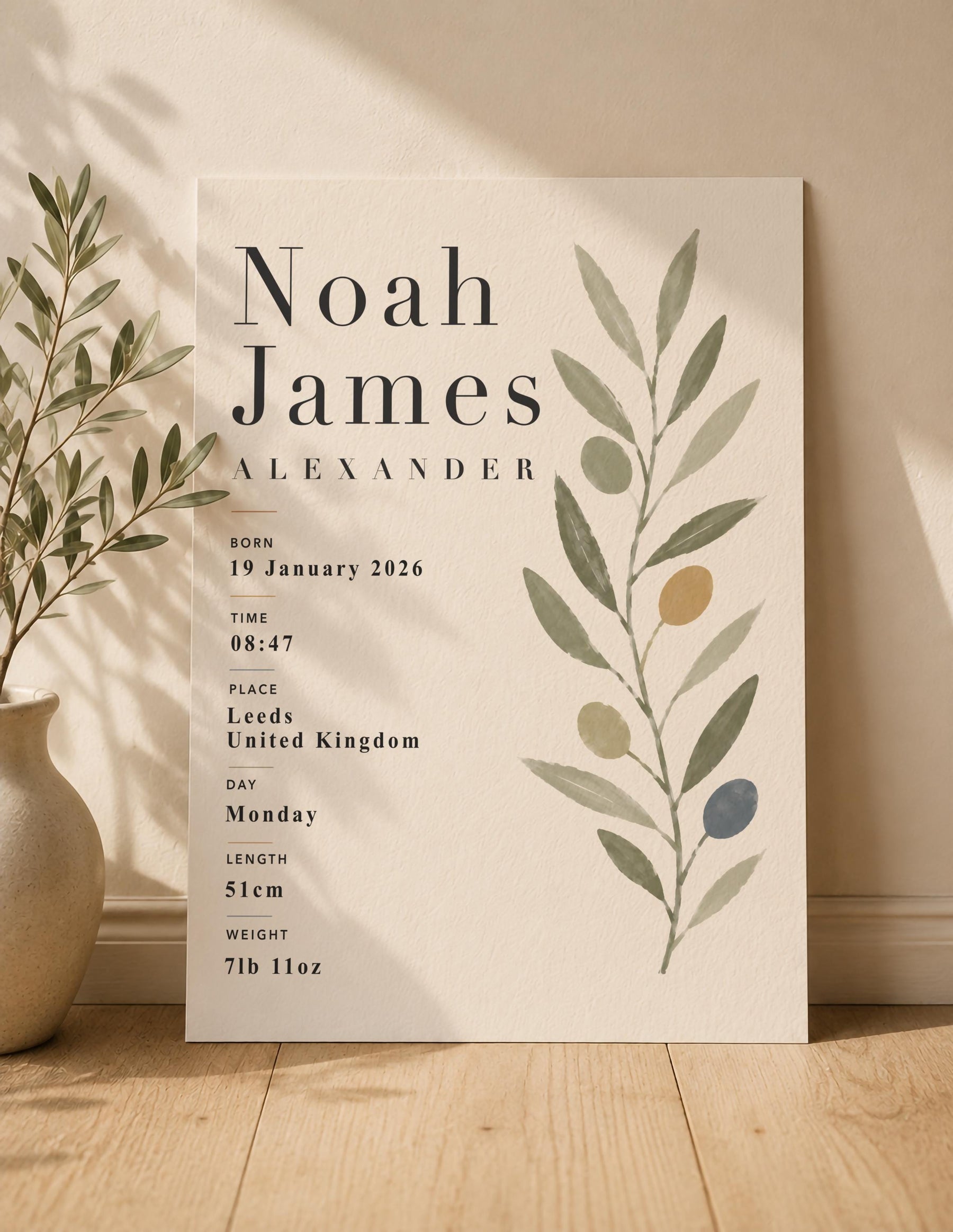 Personalised Botanical Birth Record Print | Custom Nursery Wall Art | Framed or Unframed