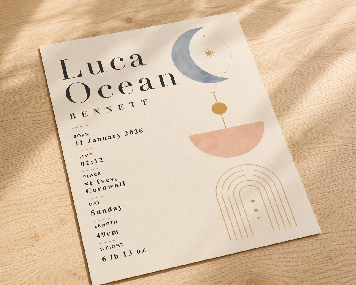 Personalised Celestial Birth Record Print | Modern Nursery Wall Art | Framed or Unframed