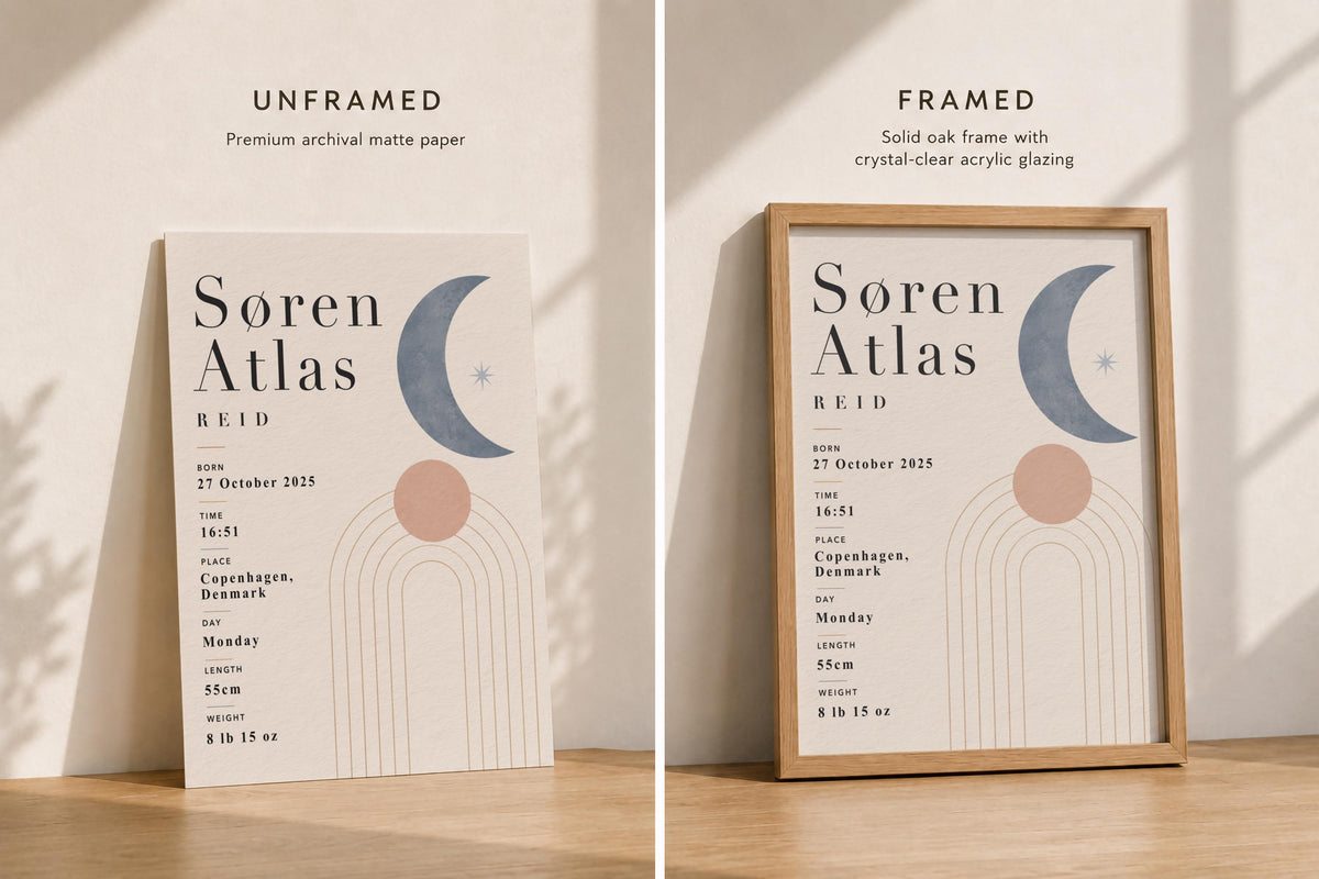 Personalised Moon Birth Record Print | Modern Nursery Wall Art | Framed or Unframed