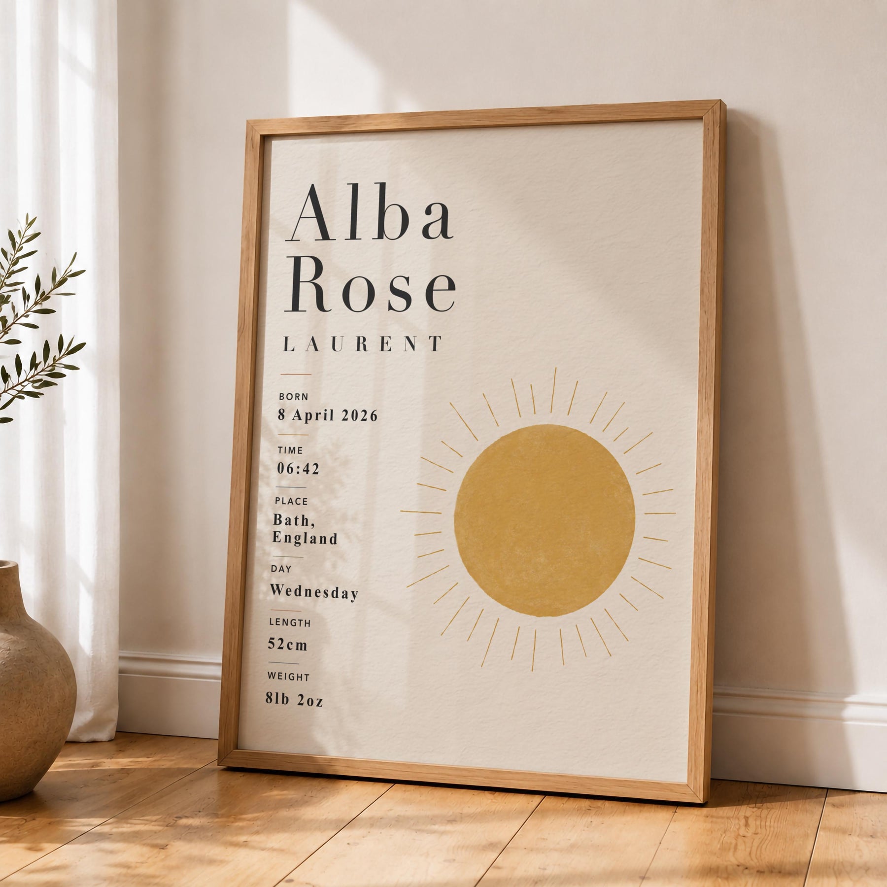Personalised Sun Birth Record Print | Yellow Nursery Wall Art | Framed or Unframed