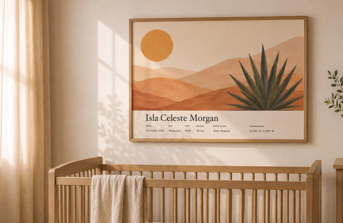 Personalised Birth Story Print | Agave Desert Landscape Nursery Art | Framed or Unframed
