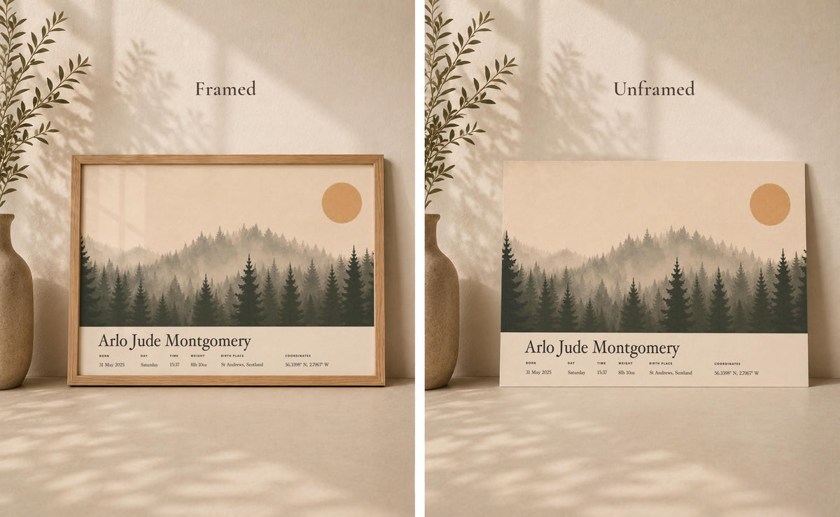 Personalised Birth Story Landscape Print | Forest Hills Nursery Wall Art | Framed or Unframed
