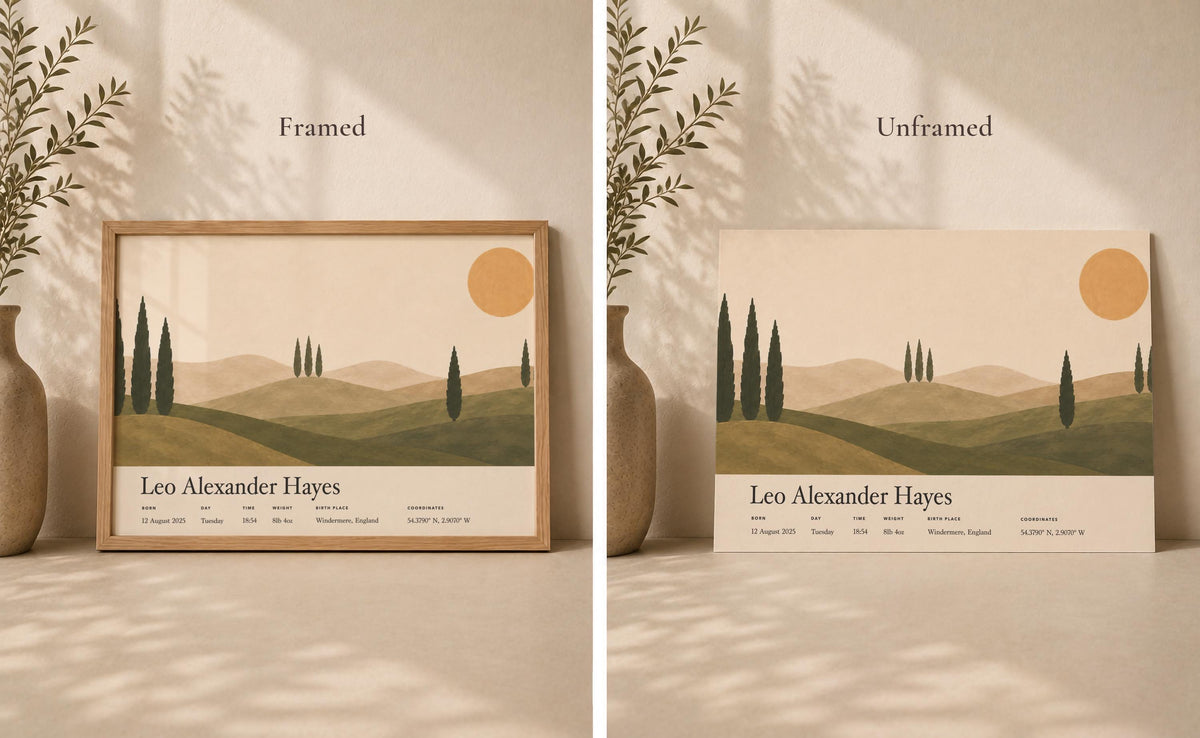 Personalised Birth Story Landscape Print | Mediterranean Nursery Wall Art | Framed or Unframed