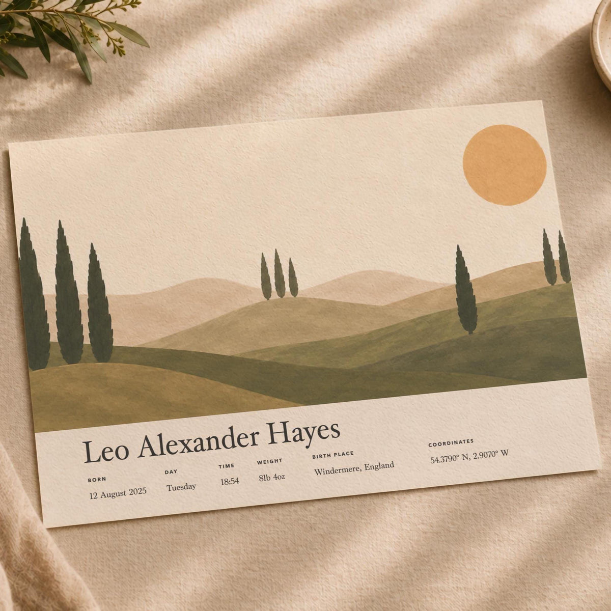 Personalised Birth Story Landscape Print | Mediterranean Nursery Wall Art | Framed or Unframed