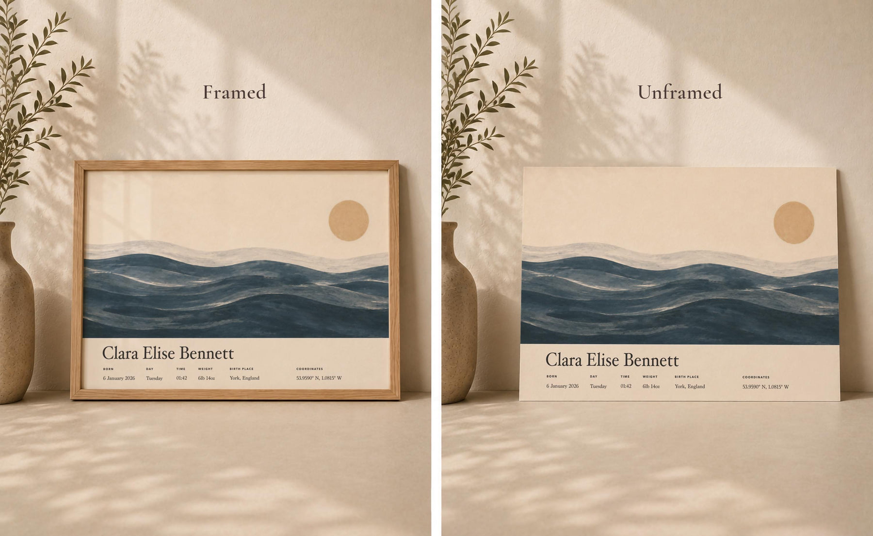 Personalised Birth Story Landscape Print | Ocean Seascape Nursery Wall Art | Framed or Unframed