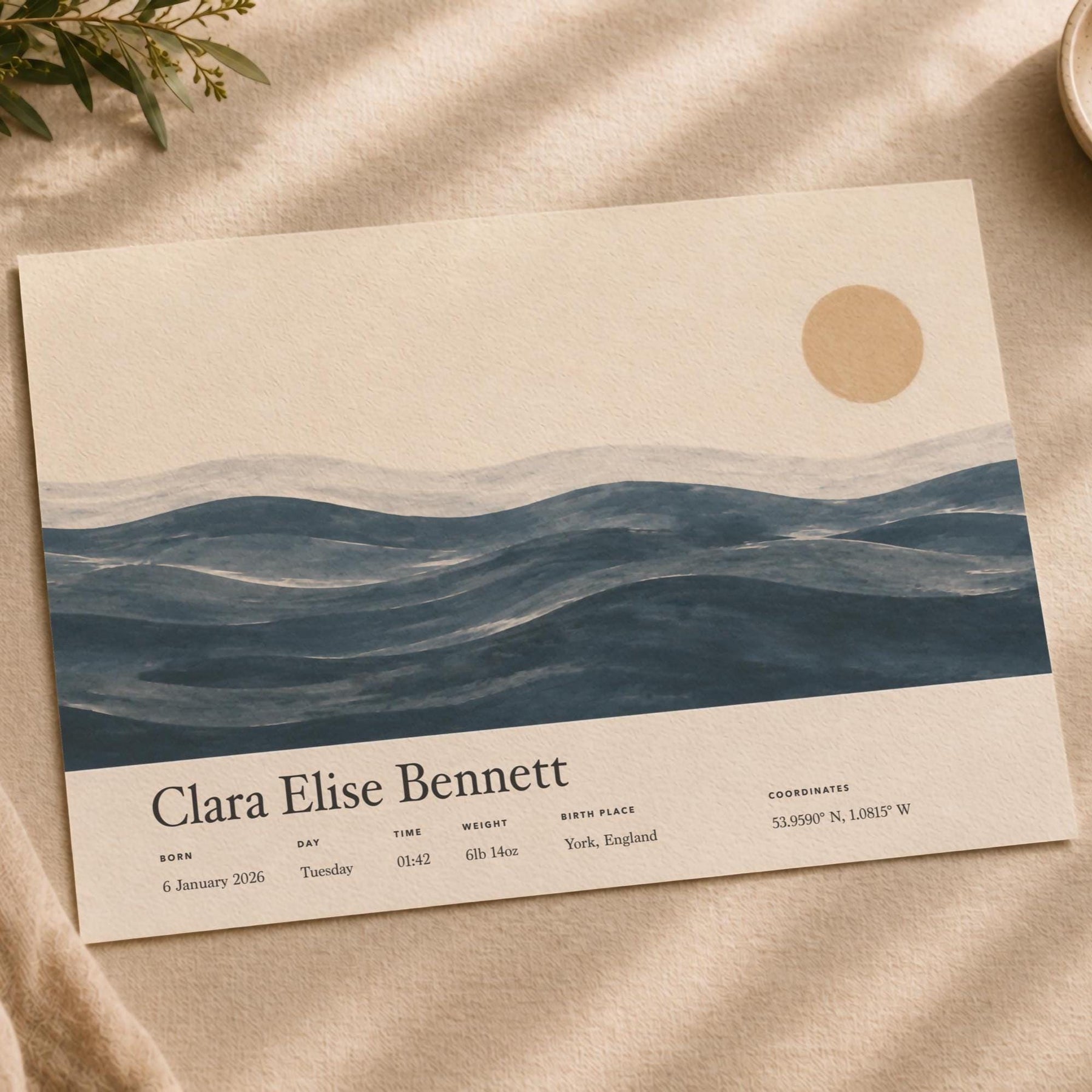 Personalised Birth Story Landscape Print | Ocean Seascape Nursery Wall Art | Framed or Unframed