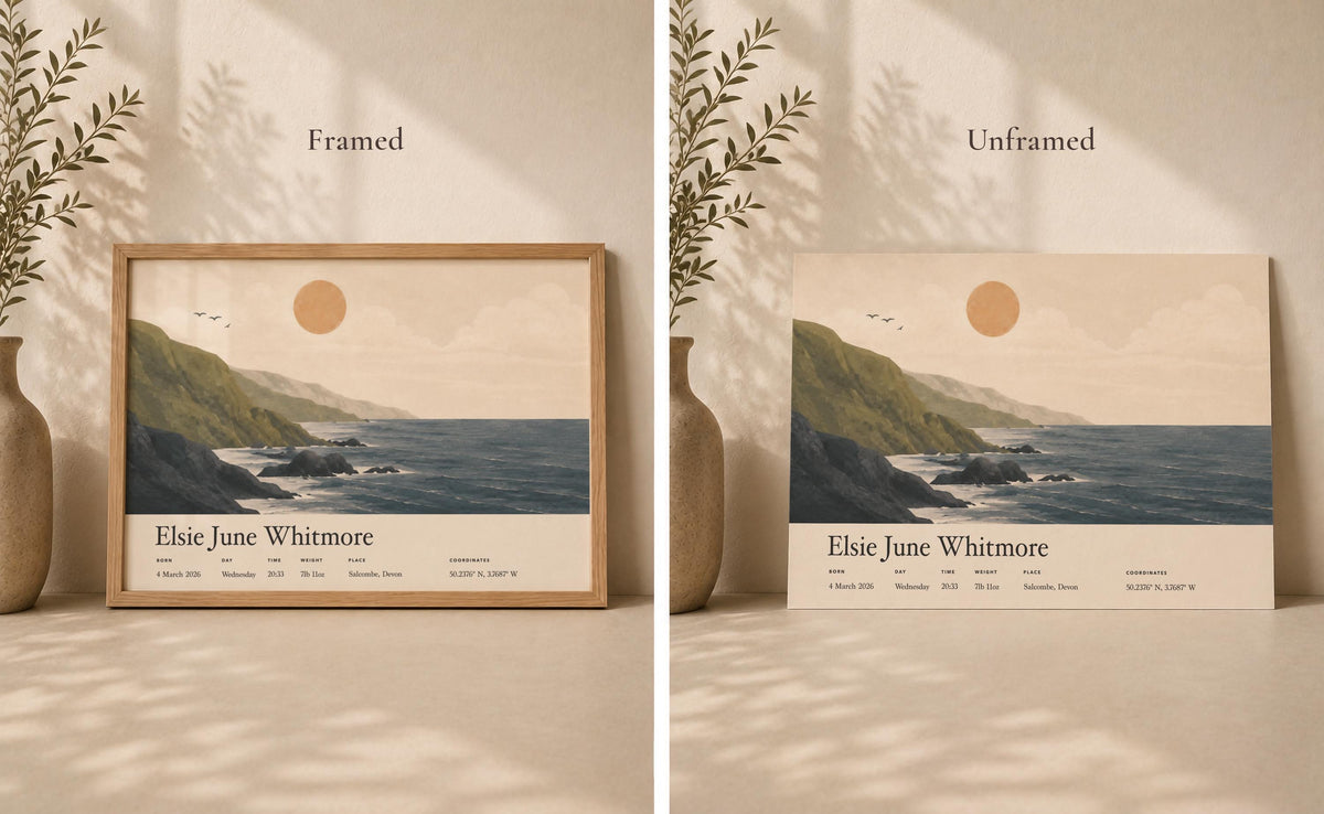 Personalised Birth Story Landscape Print | Coastal Nursery Wall Art | Framed or Unframed