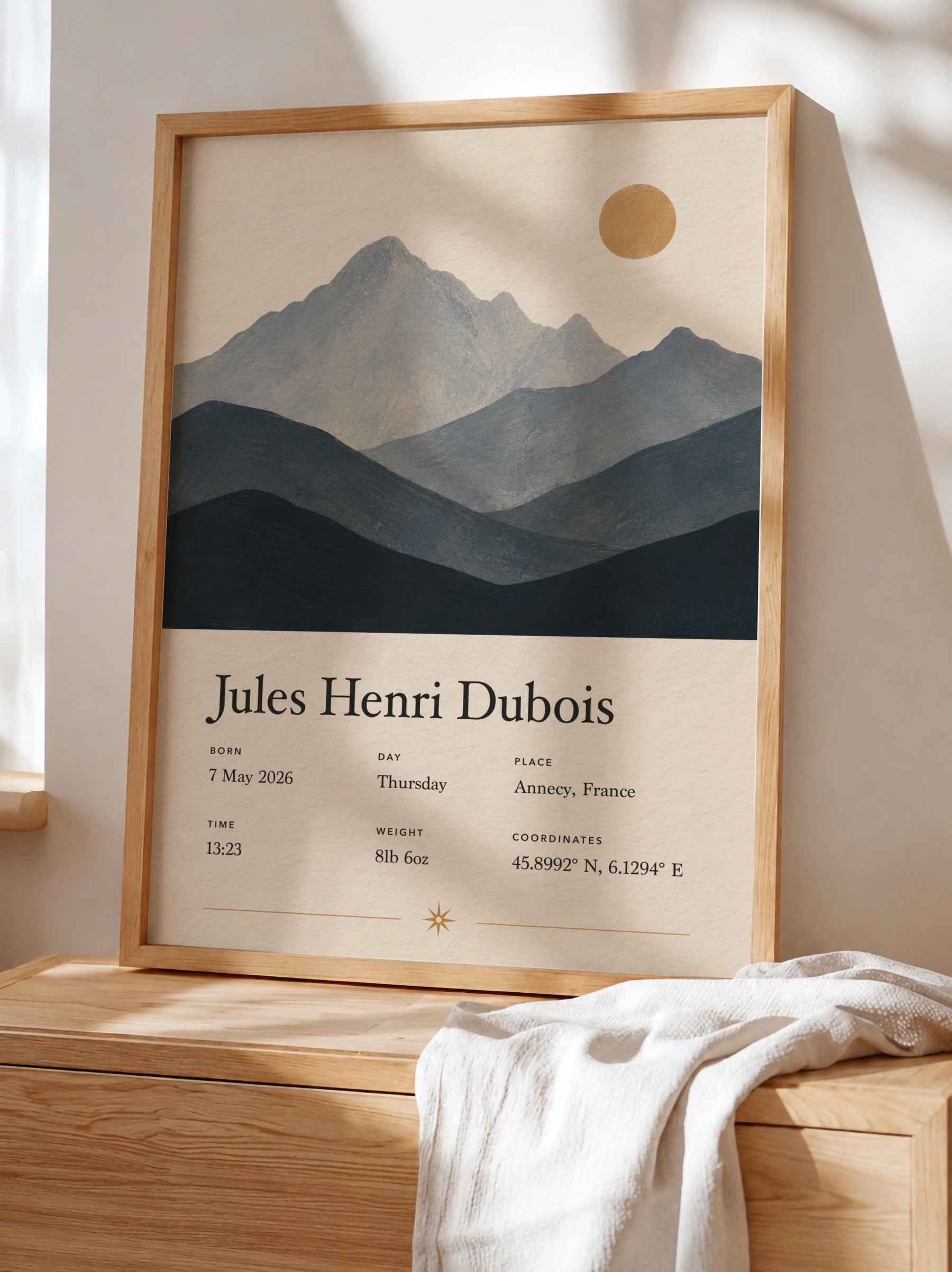 Personalised Birth Story Print | Mountain Landscape Nursery Wall Art | Framed or Unframed