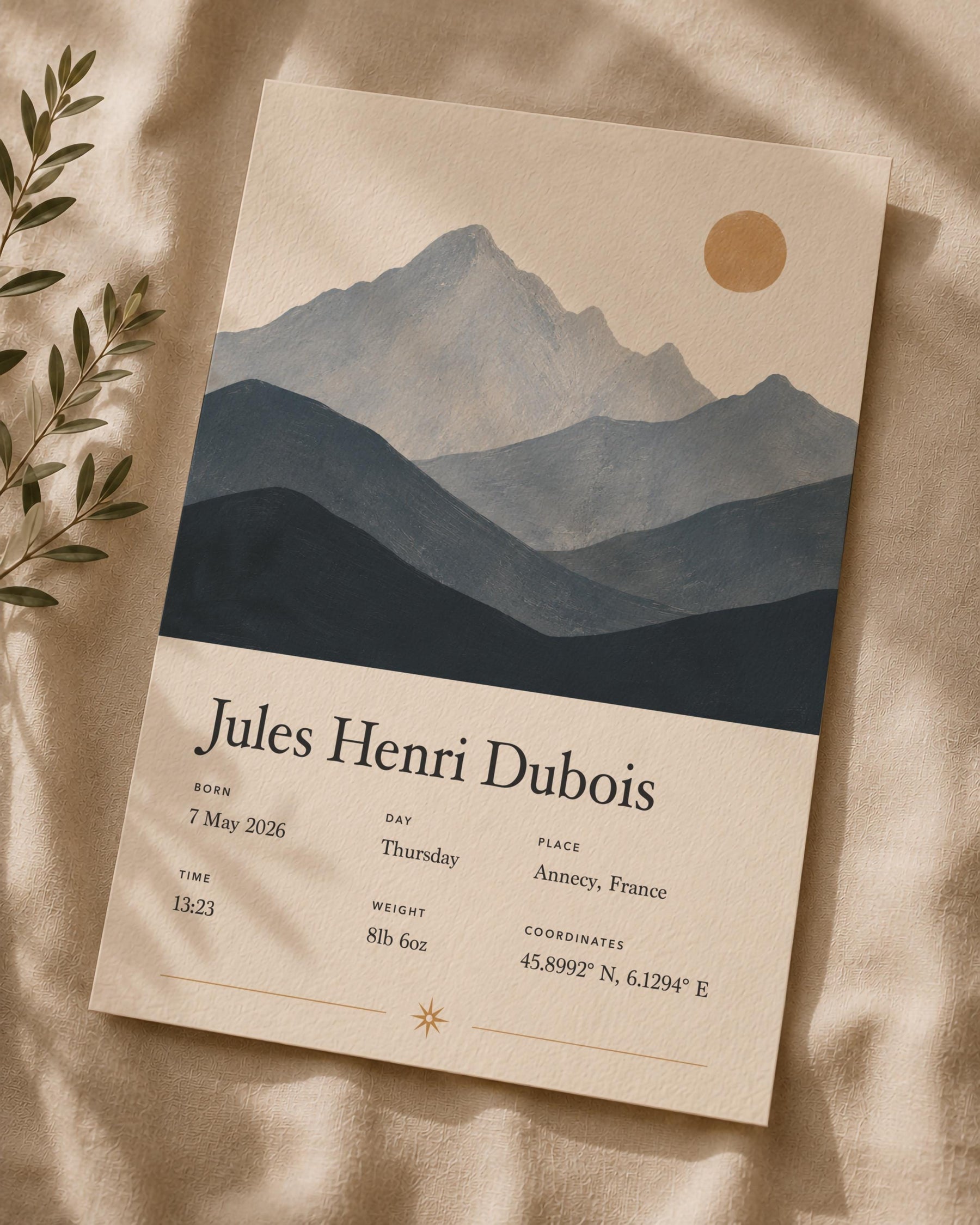 Personalised Birth Story Print | Mountain Landscape Nursery Wall Art | Framed or Unframed