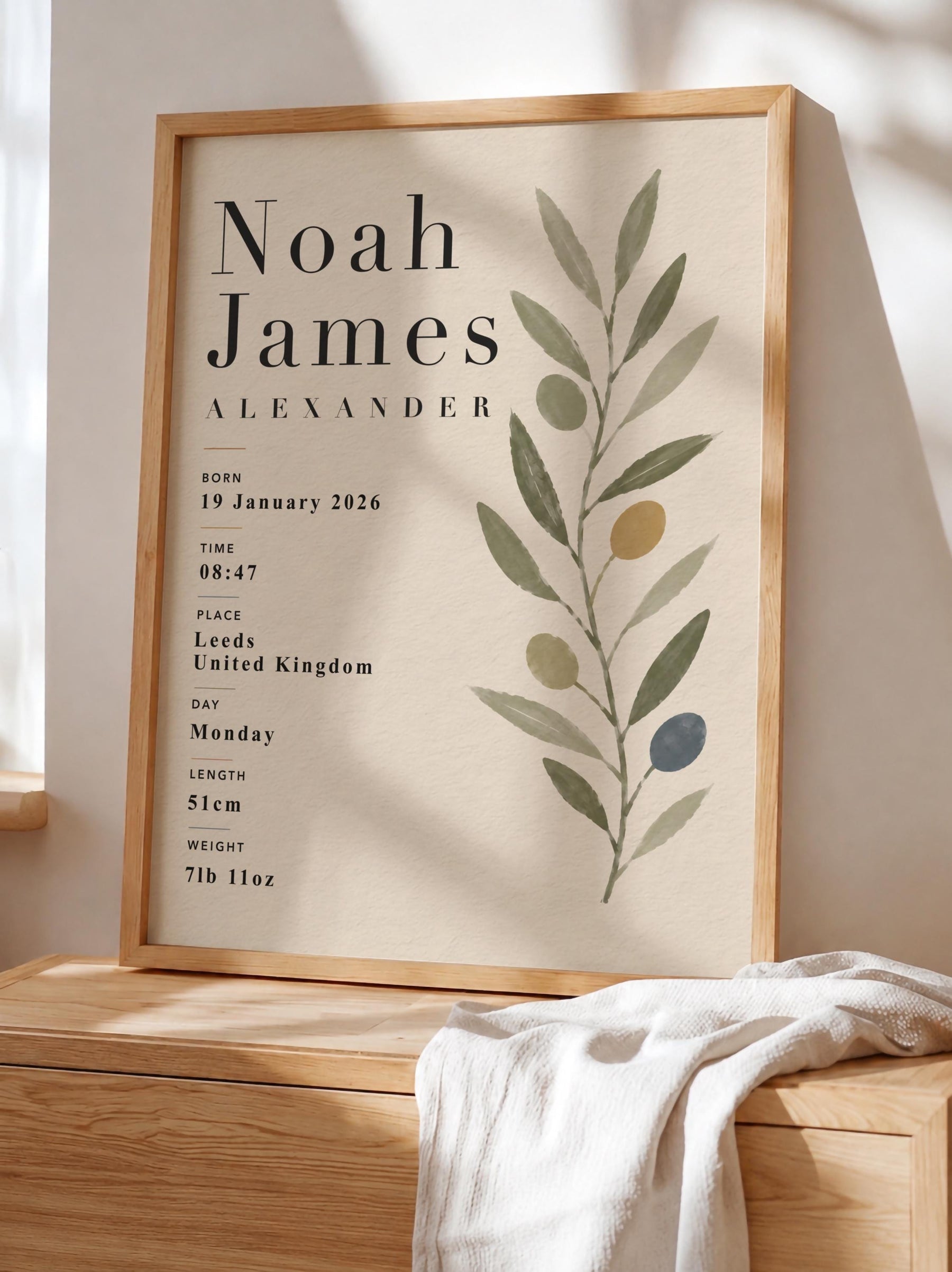 Personalised Botanical Birth Record Print | Custom Nursery Wall Art | Framed or Unframed