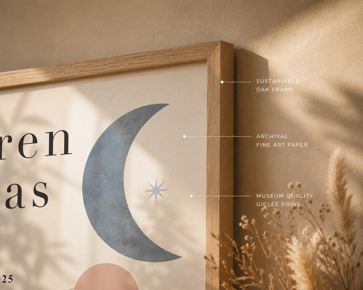 Personalised Moon Birth Record Print | Modern Nursery Wall Art | Framed or Unframed