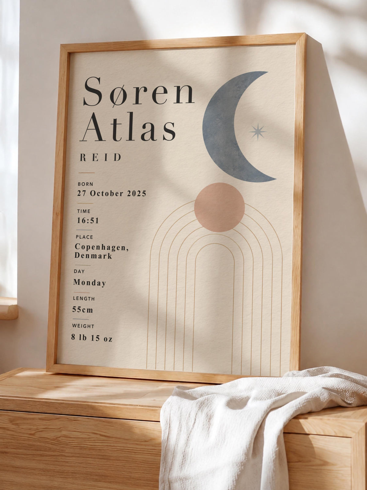 Personalised Moon Birth Record Print | Modern Nursery Wall Art | Framed or Unframed