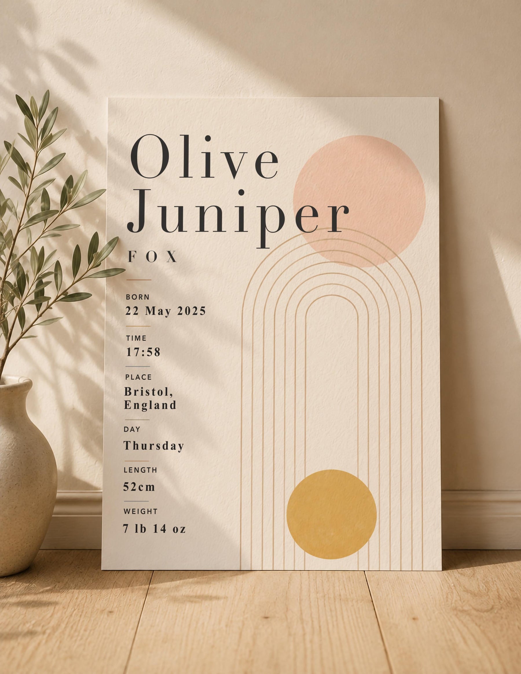 Personalised Birth Record Print | Modern Nursery Wall Art | Framed or Unframed