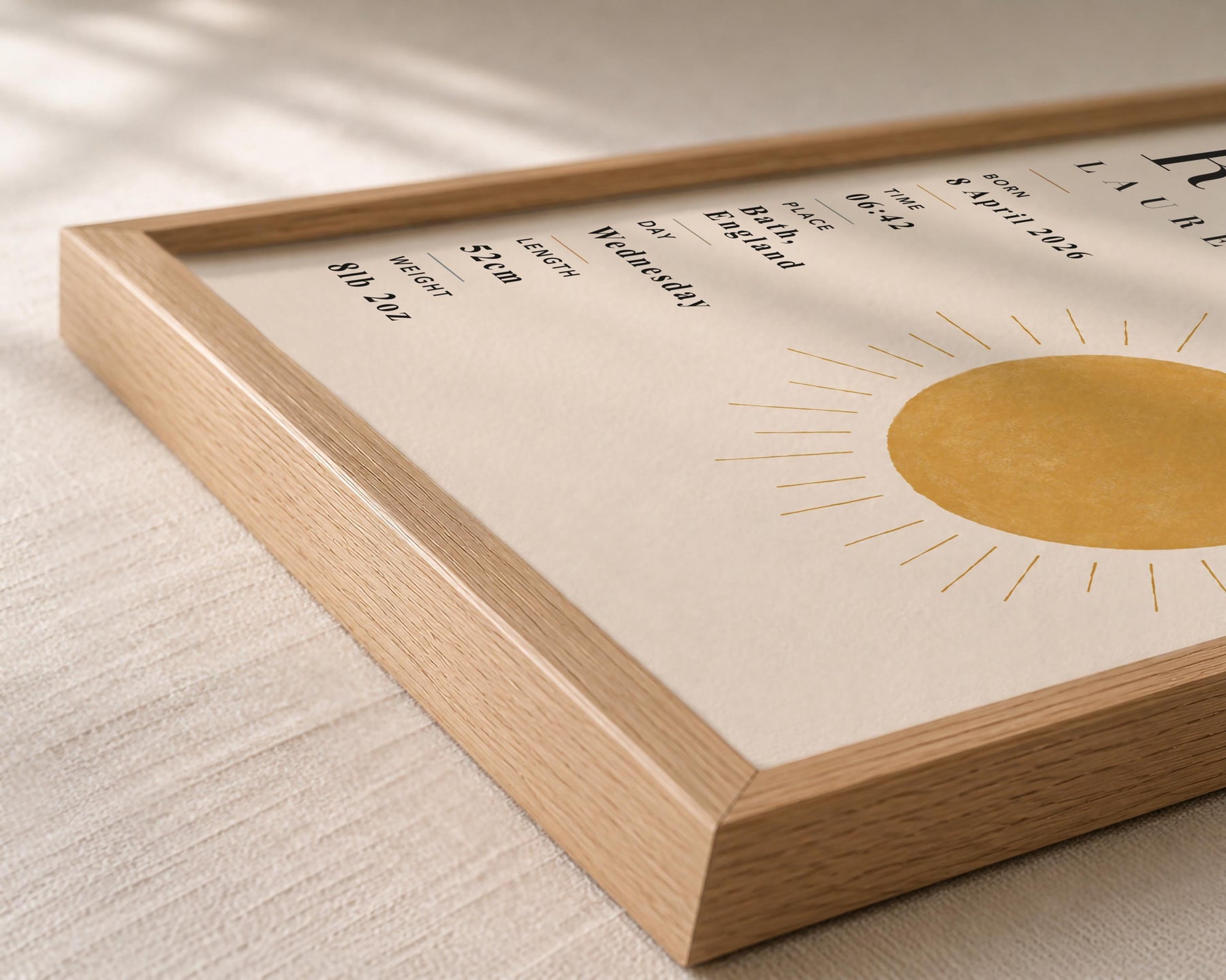 Personalised Sun Birth Record Print | Yellow Nursery Wall Art | Framed or Unframed