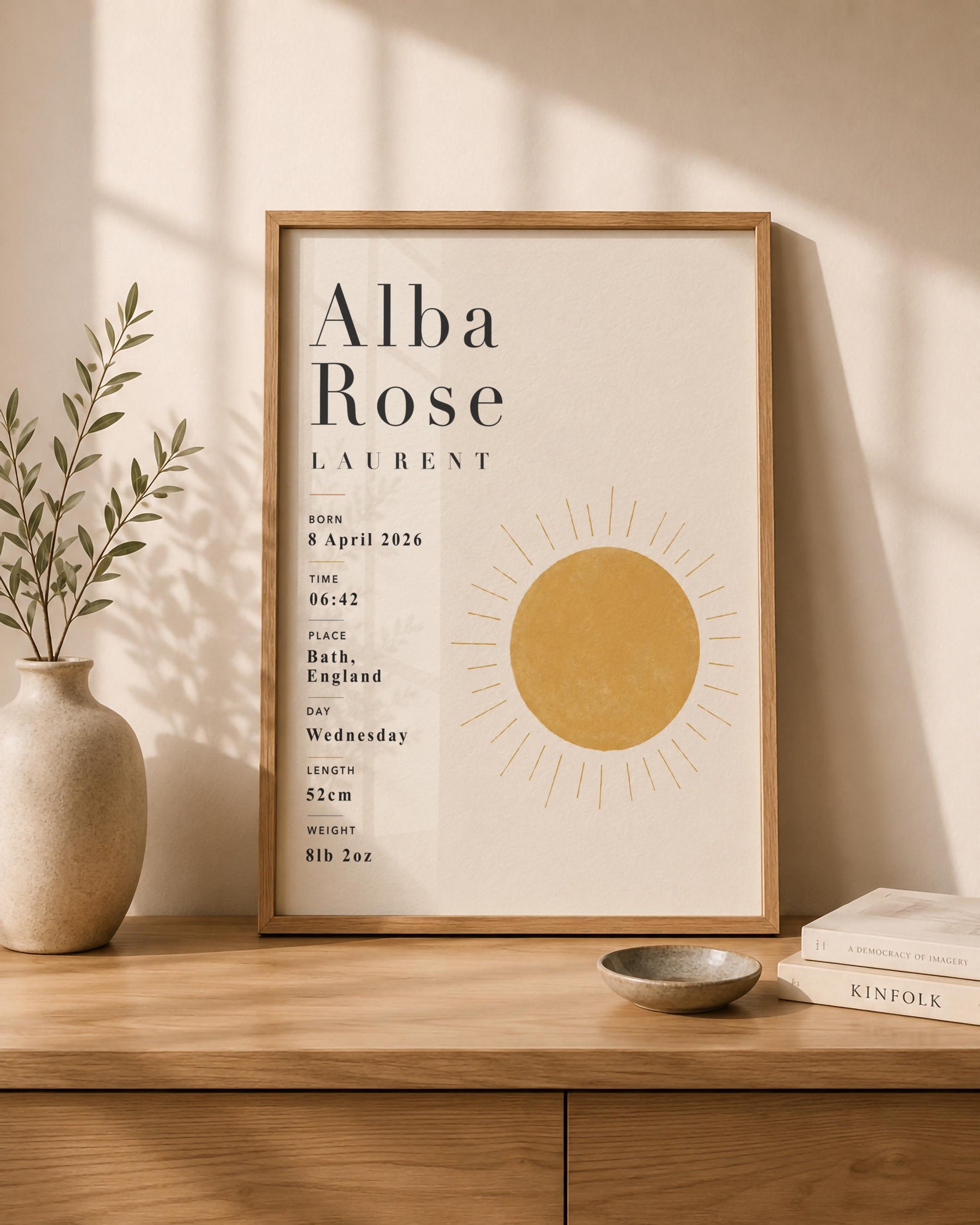 Personalised Sun Birth Record Print | Yellow Nursery Wall Art | Framed or Unframed