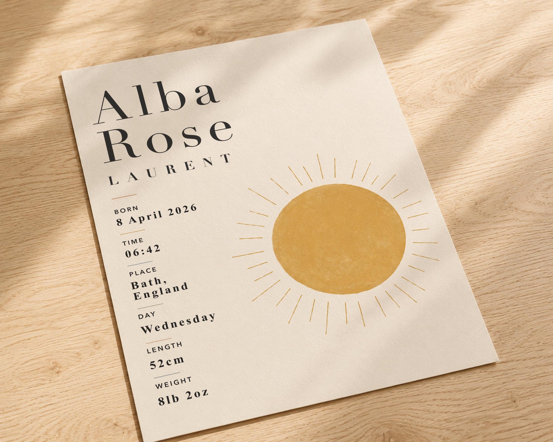 Personalised Sun Birth Record Print | Yellow Nursery Wall Art | Framed or Unframed