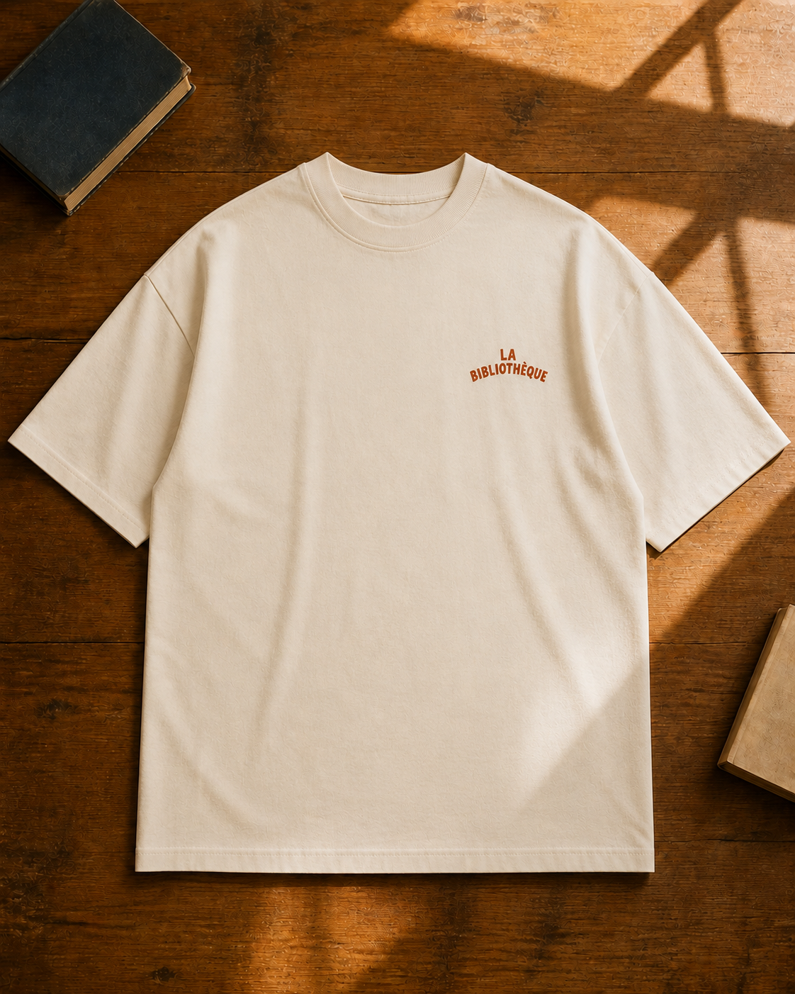 La Bibliothèque organic cotton T-shirt laid flat on a wooden table, showing the small rust front lettering.