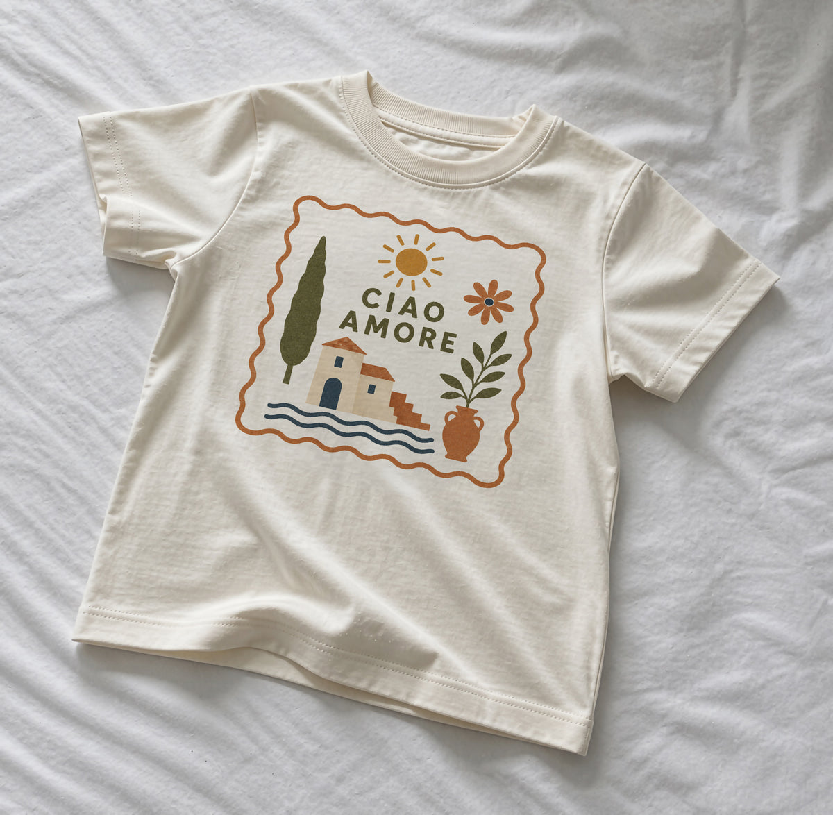 Ciao Amore Organic Cotton Kids T-Shirt | Mediterranean Graphic Tee, Italian Summer Holiday Clothing