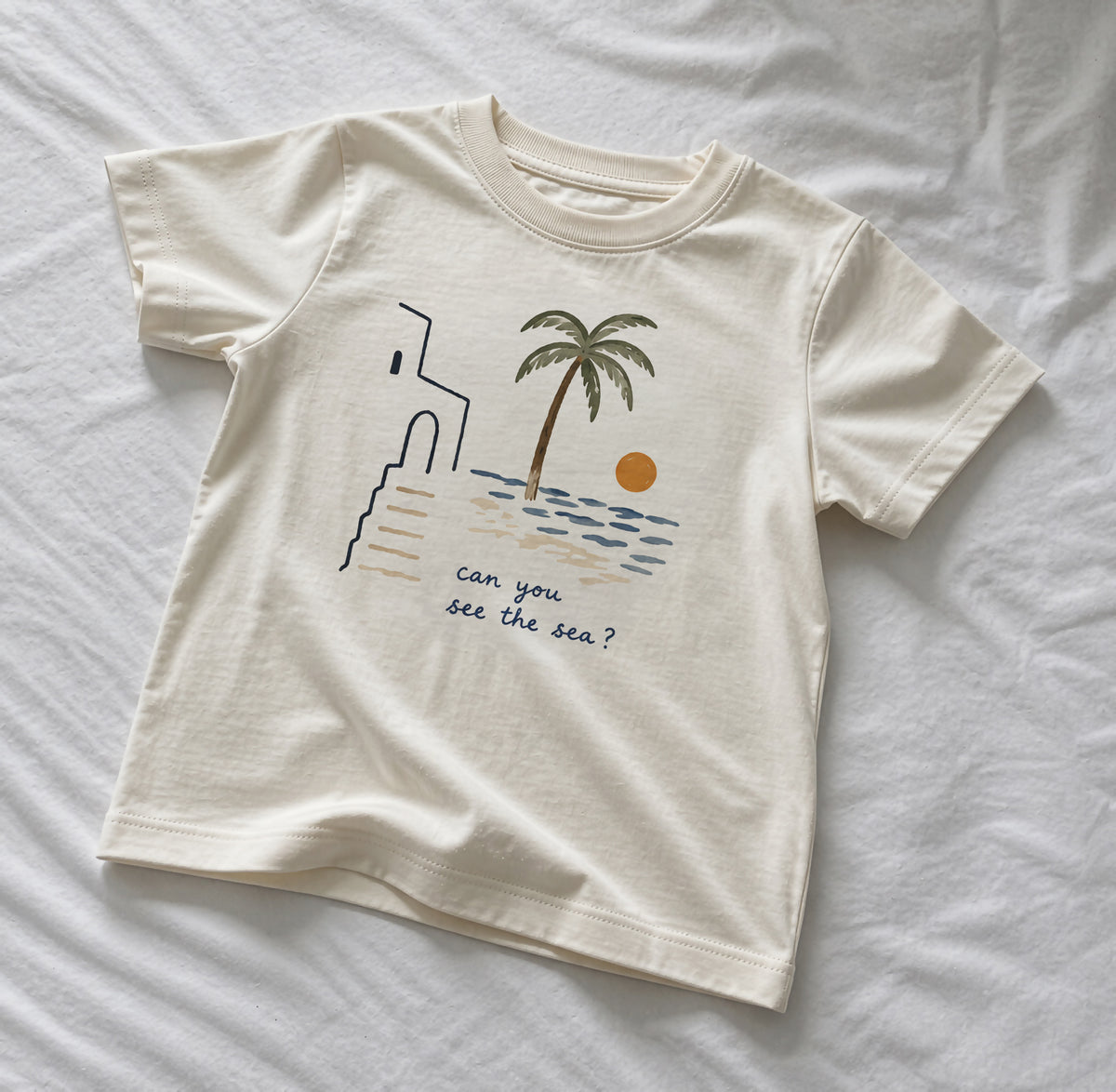 Can You See The Sea? Kids Organic Cotton T-Shirt | Coastal Palm Tree Beach Graphic Tee