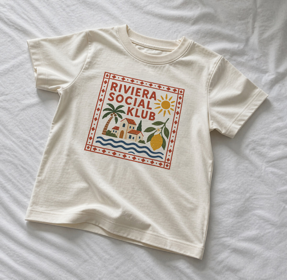 Riviera Social Klub Organic Cotton Kids T-Shirt | Mediterranean Graphic Tee, Coastal Summer Clothing